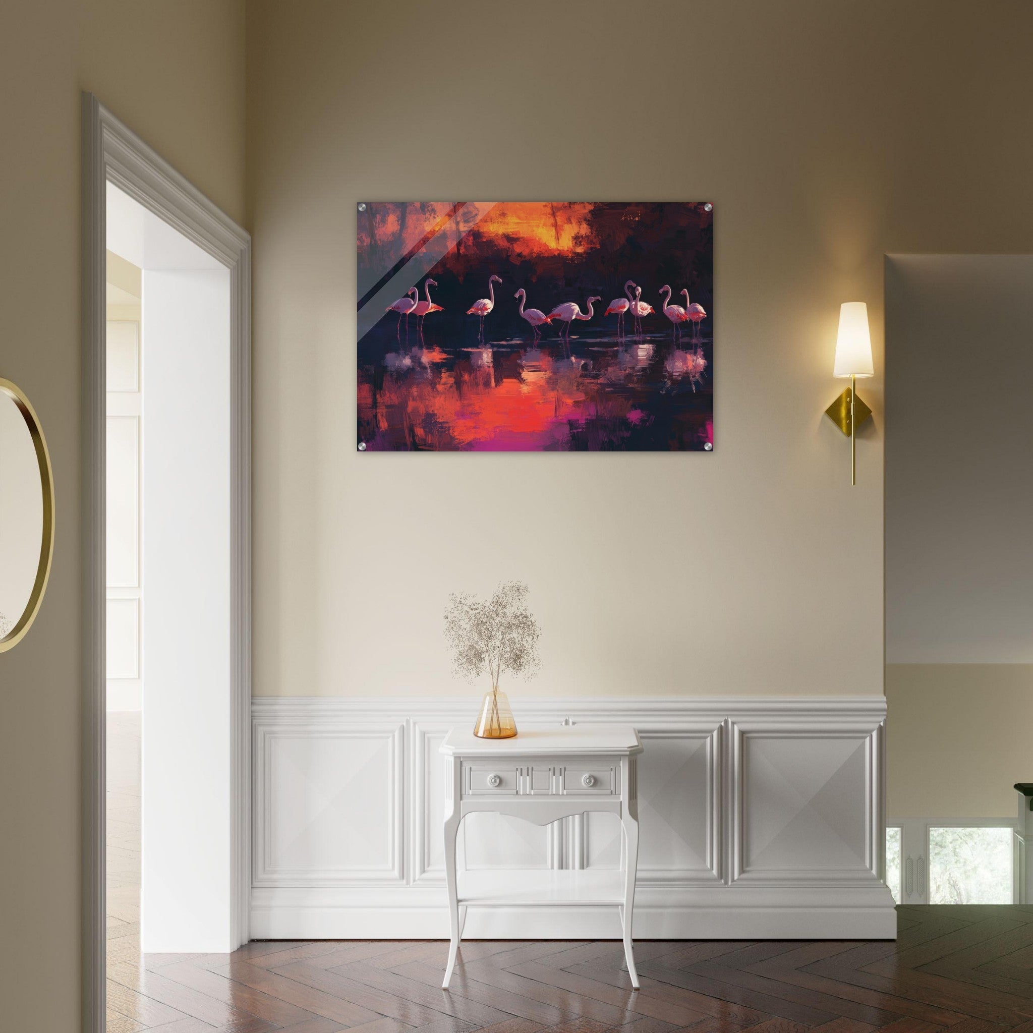 Acrylic Print Landscape - Surreal Flamingo Lake at Sunset Graceful flaming - Shop Ai Art WebShop - Digital Art online Store