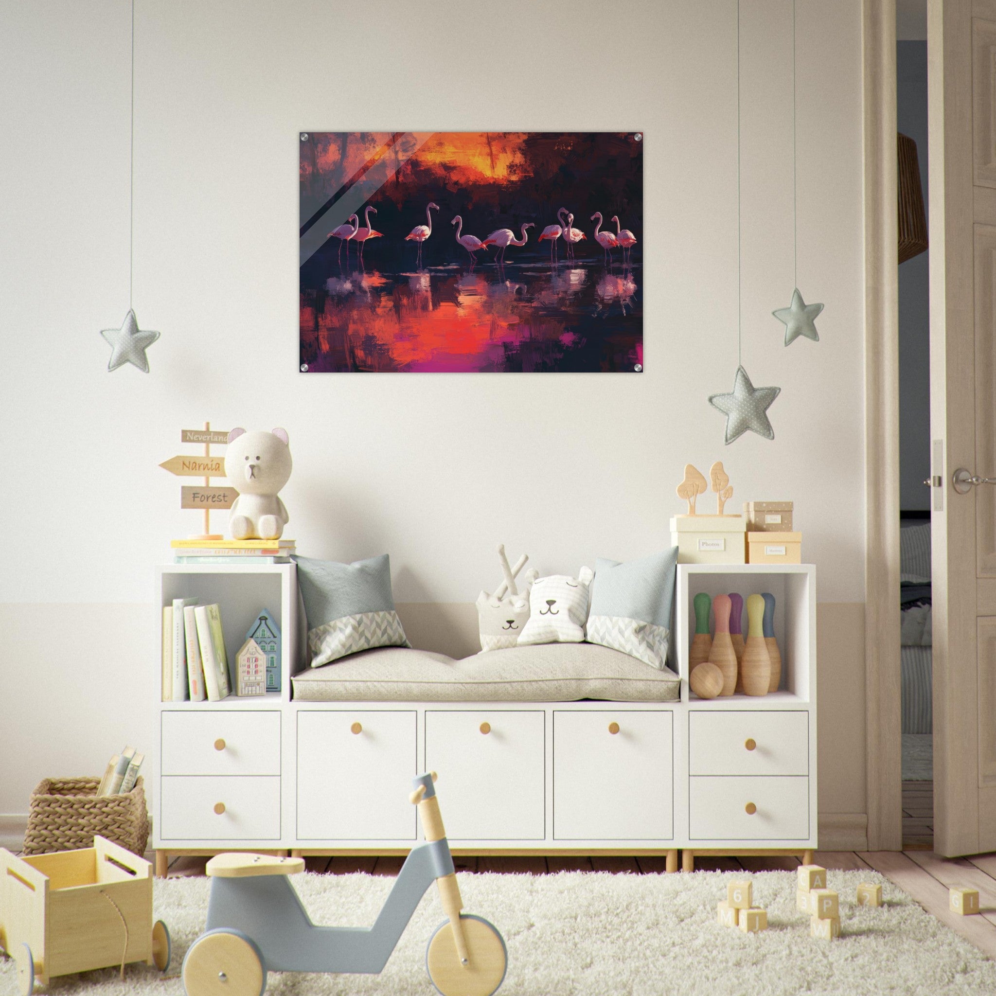 Acrylic Print Landscape - Surreal Flamingo Lake at Sunset Graceful flaming - Shop Ai Art WebShop - Digital Art online Store