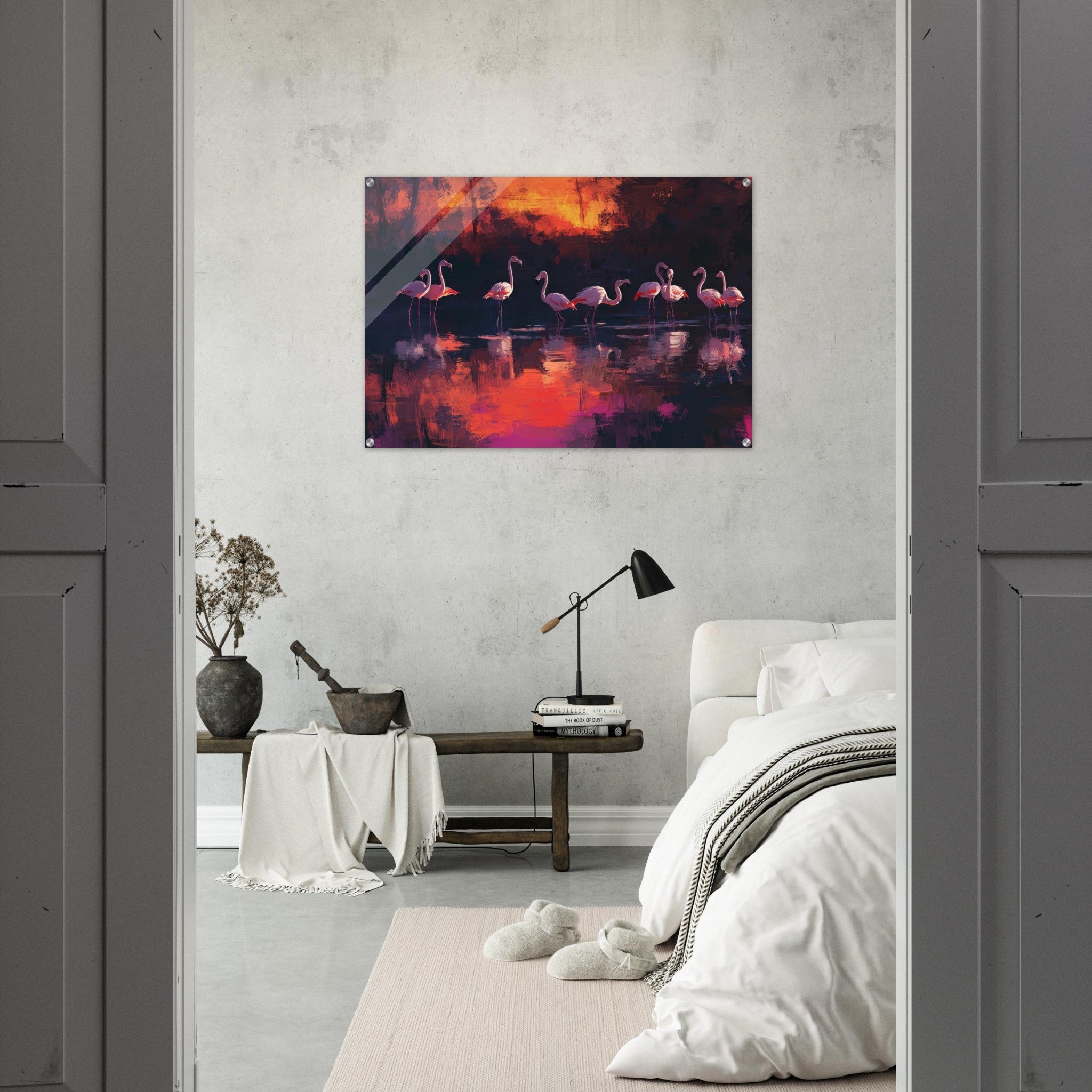 Acrylic Print Landscape - Surreal Flamingo Lake at Sunset Graceful flaming - Shop Ai Art WebShop - Digital Art online Store