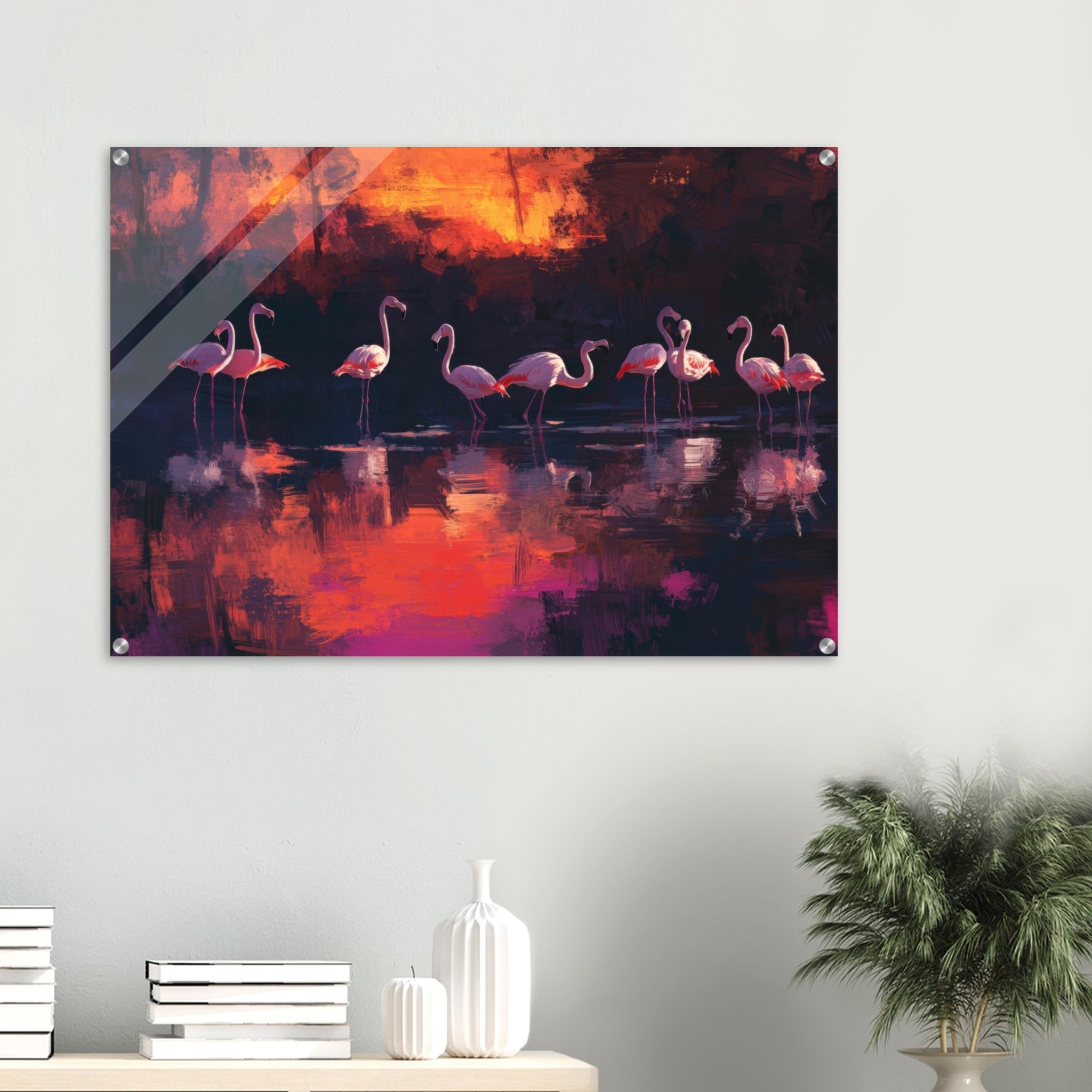 Acrylic Print Landscape - Surreal Flamingo Lake at Sunset Graceful flaming - Shop Ai Art WebShop - Digital Art online Store