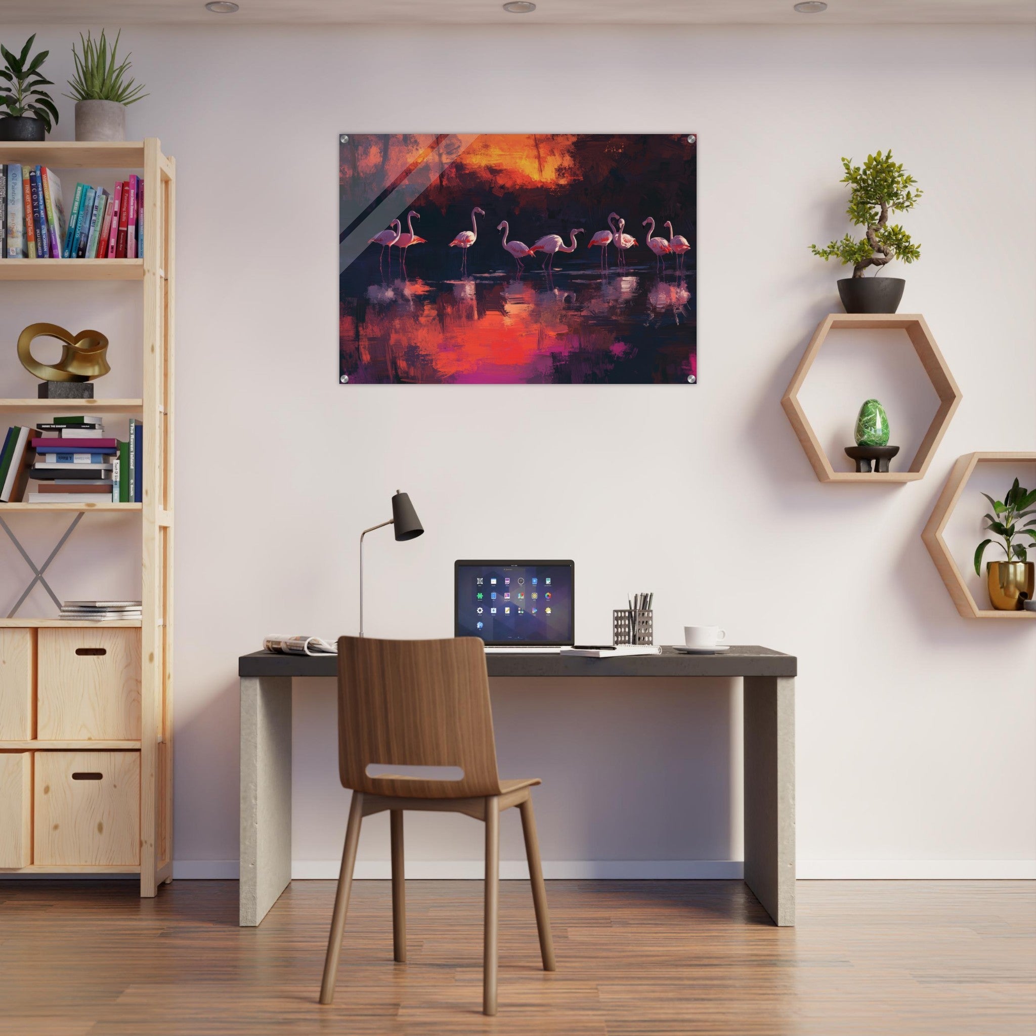 Acrylic Print Landscape - Surreal Flamingo Lake at Sunset Graceful flaming - Shop Ai Art WebShop - Digital Art online Store