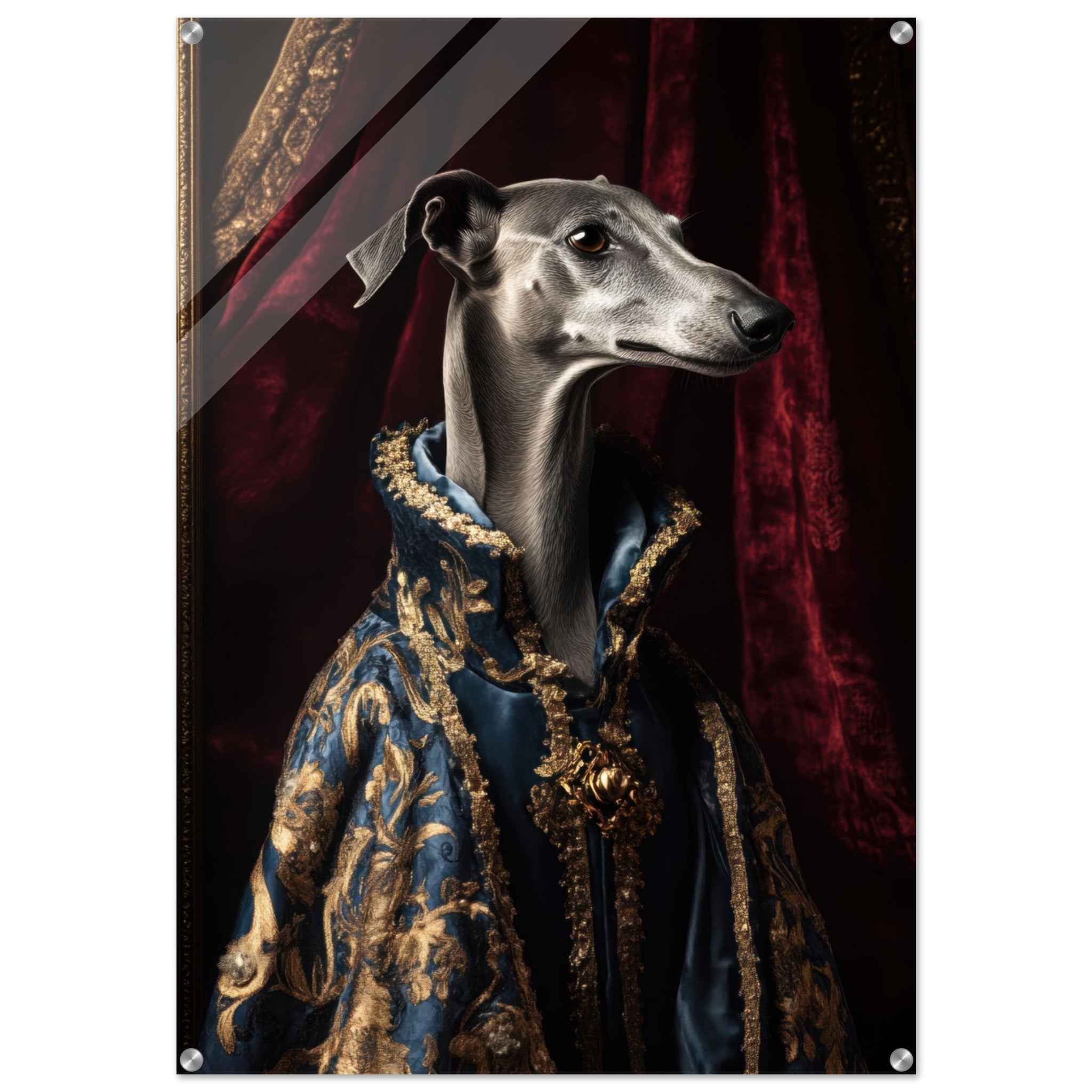 Acrylic Print Portrait - Elegant Baroque Greyhound Portrait A sleek grey 2 - Ai Art Force