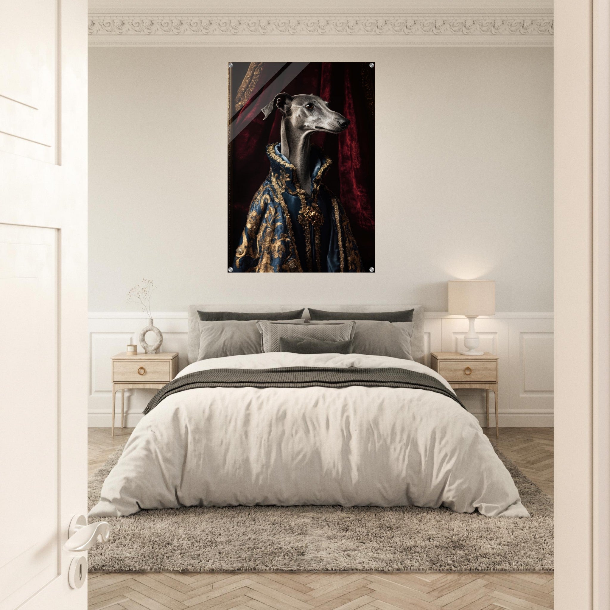 Acrylic Print Portrait - Elegant Baroque Greyhound Portrait A sleek grey 2 - Ai Art Force