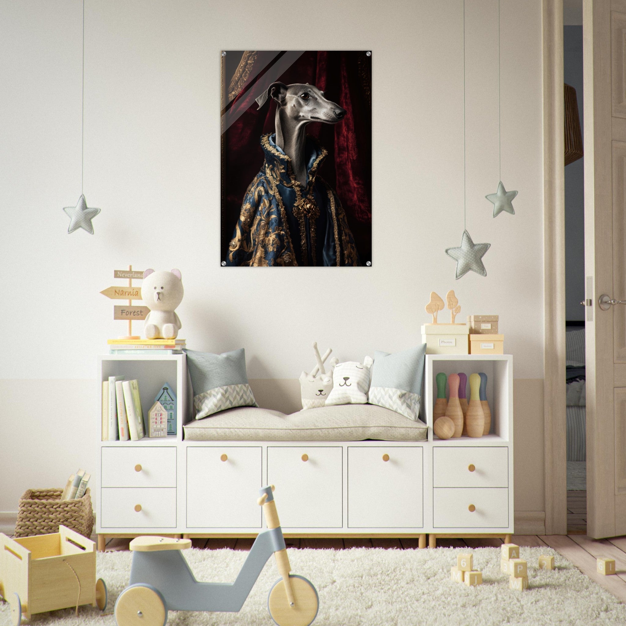 Acrylic Print Portrait - Elegant Baroque Greyhound Portrait A sleek grey 2 - Ai Art Force