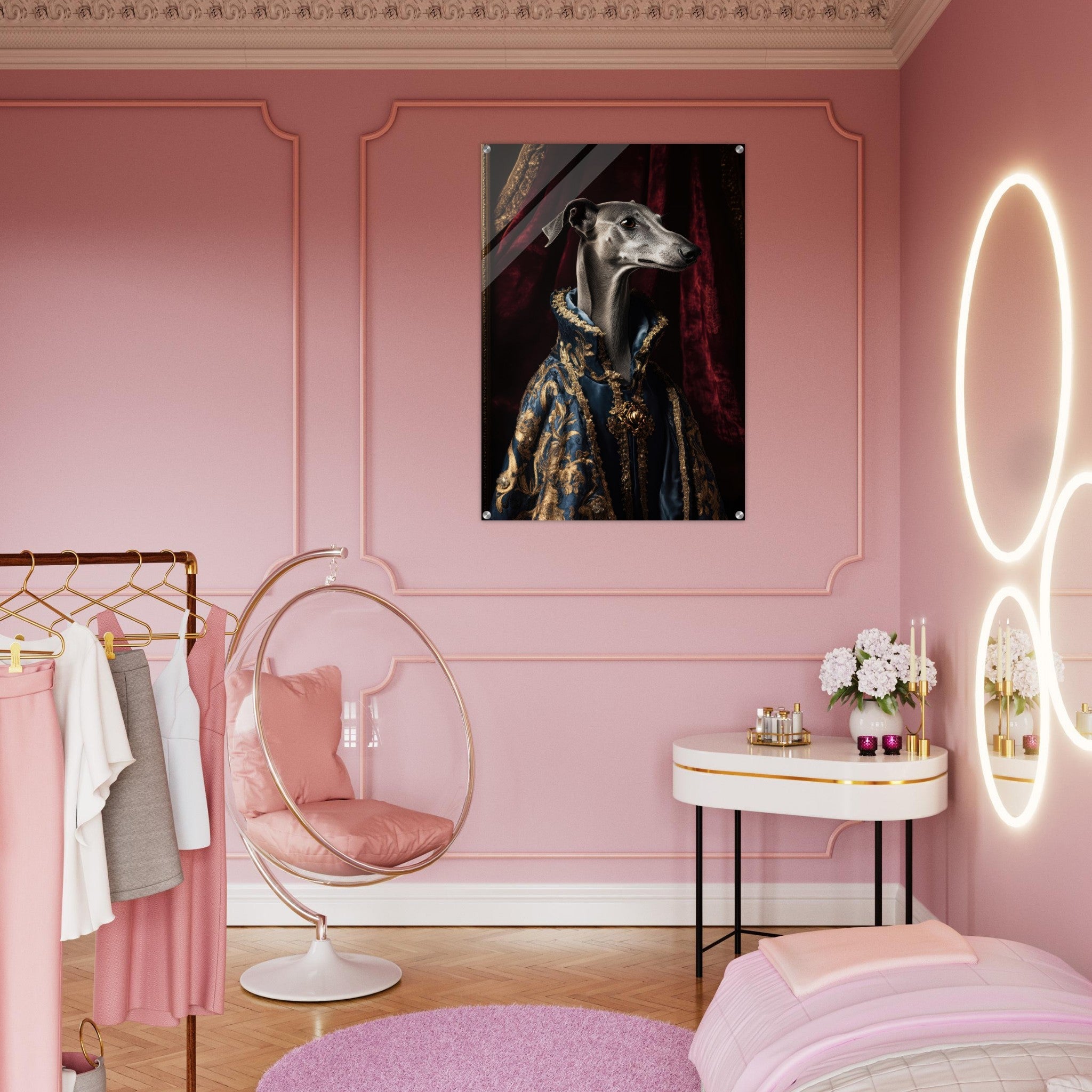 Acrylic Print Portrait - Elegant Baroque Greyhound Portrait A sleek grey 2 - Ai Art Force