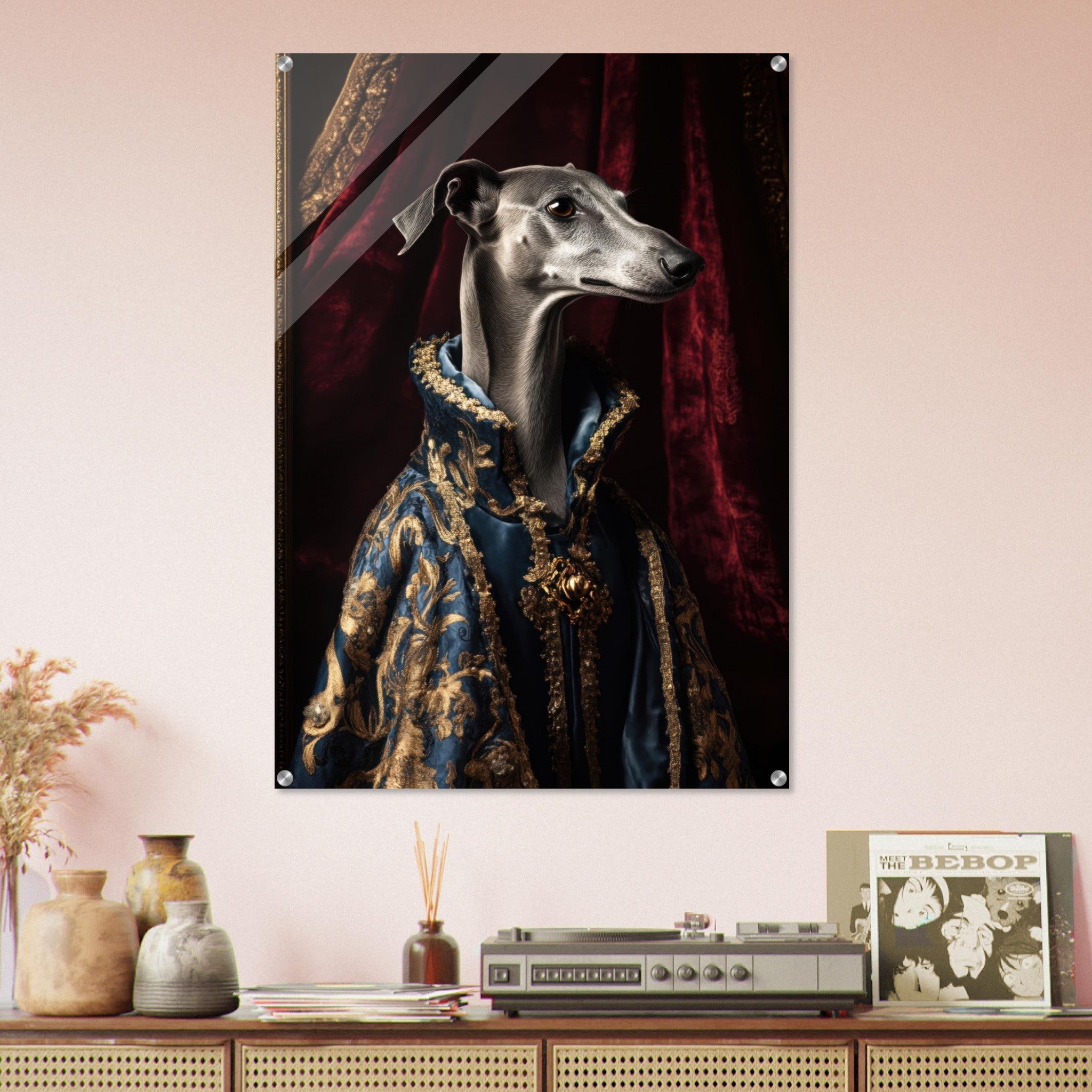 Acrylic Print Portrait - Elegant Baroque Greyhound Portrait A sleek grey 2 - Ai Art Force