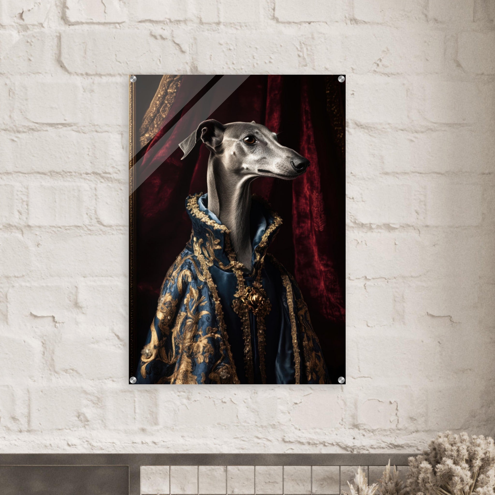 Acrylic Print Portrait - Elegant Baroque Greyhound Portrait A sleek grey 2 - Ai Art Force