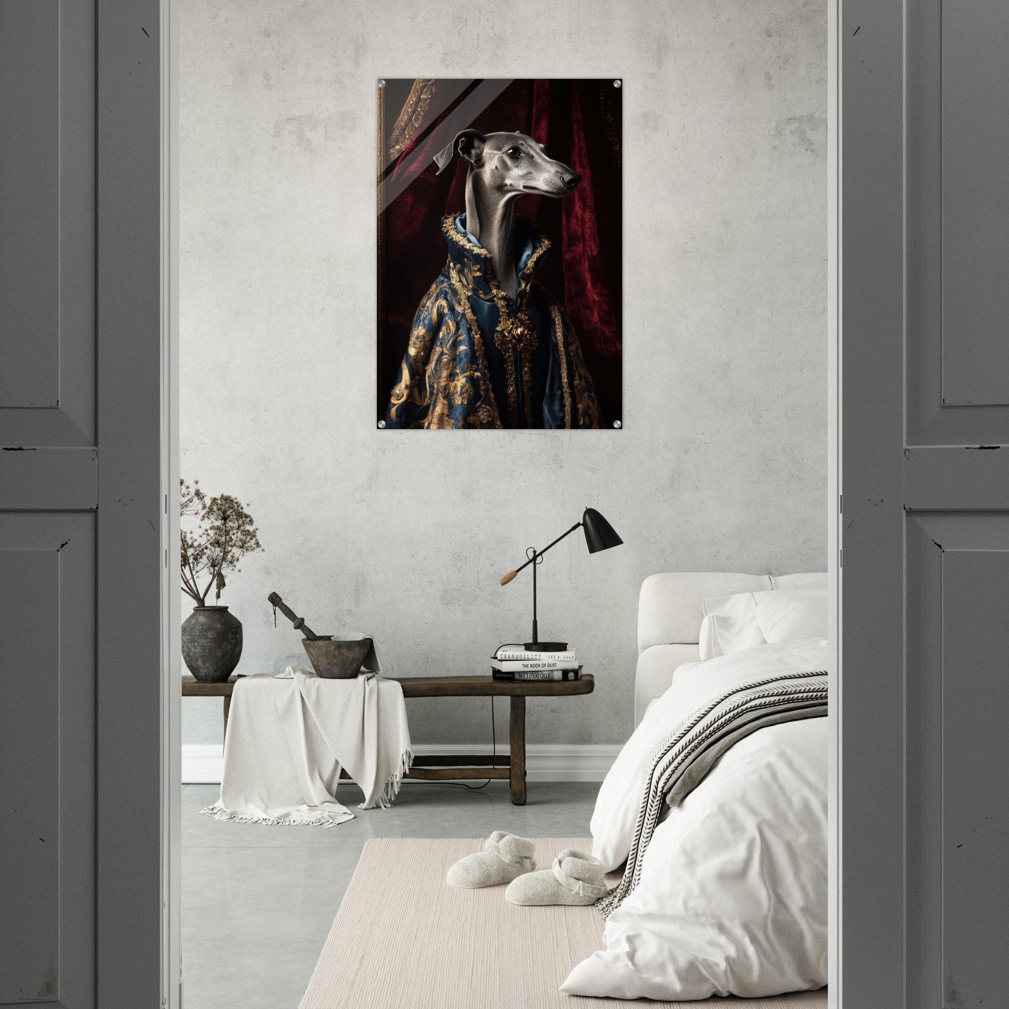 Acrylic Print Portrait - Elegant Baroque Greyhound Portrait A sleek grey 2 - Ai Art Force