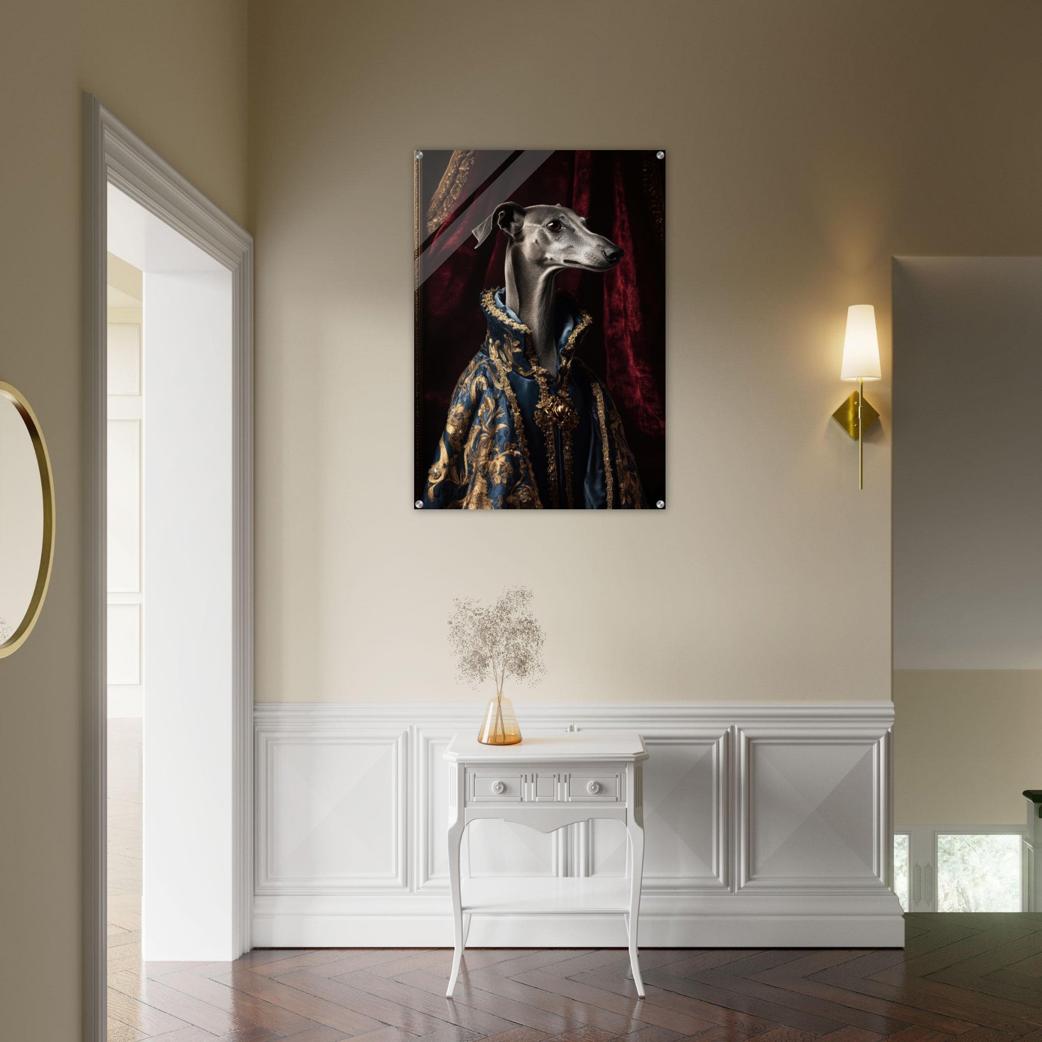 Acrylic Print Portrait - Elegant Baroque Greyhound Portrait A sleek grey 2 - Ai Art Force