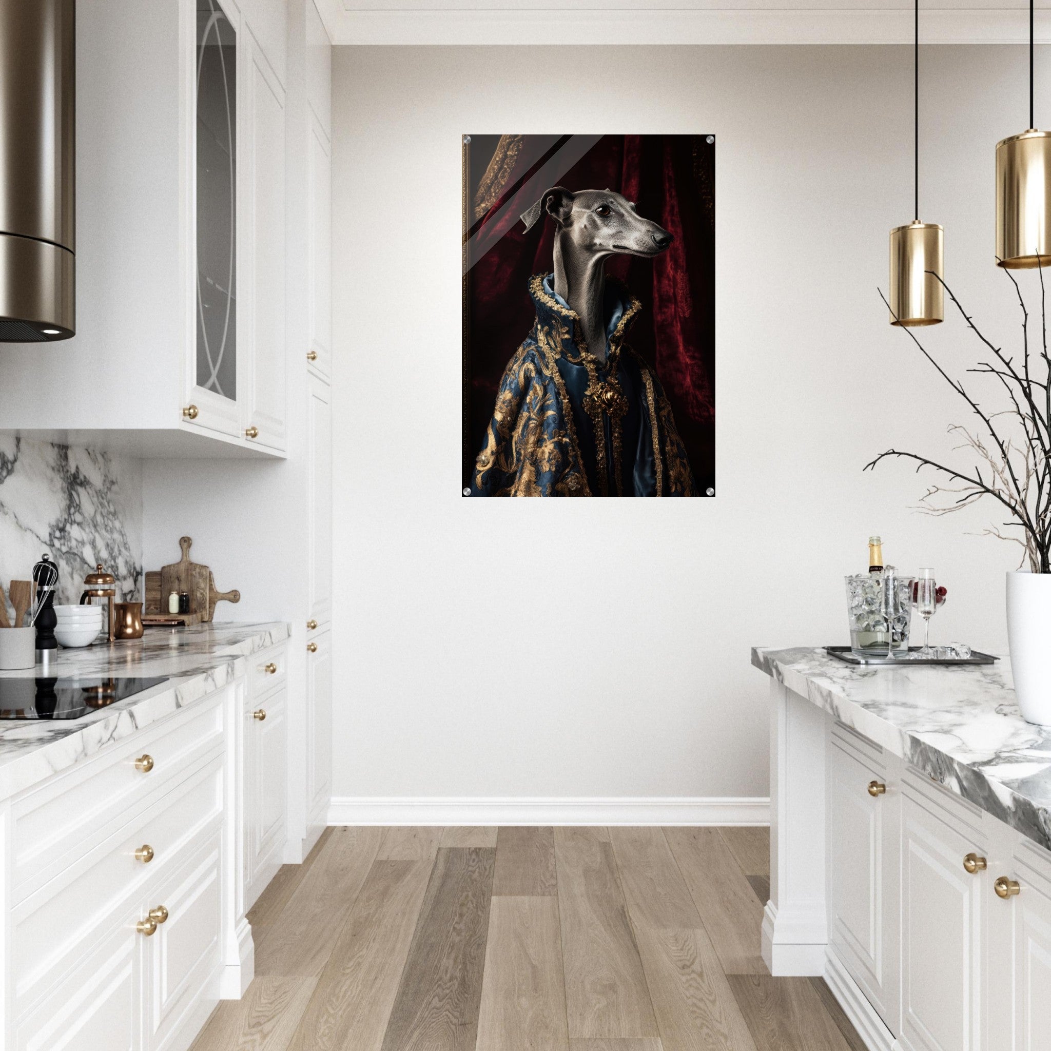 Acrylic Print Portrait - Elegant Baroque Greyhound Portrait A sleek grey 2 - Ai Art Force