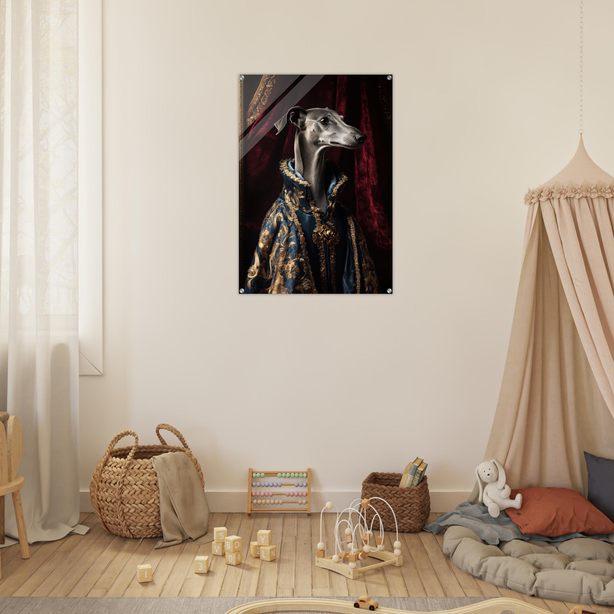 Acrylic Print Portrait - Elegant Baroque Greyhound Portrait A sleek grey 2 - Ai Art Force