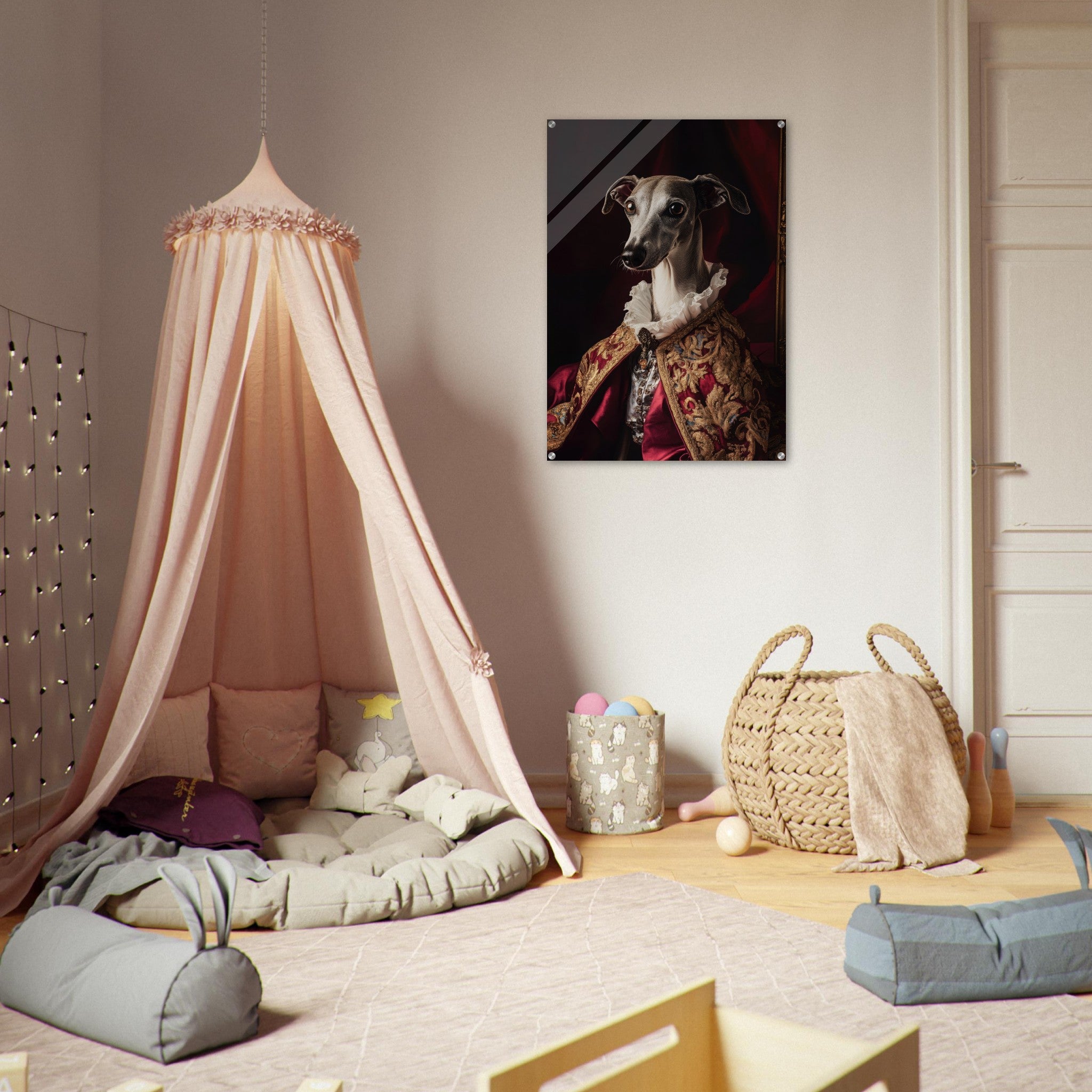 Acrylic Print Portrait - Elegant Baroque Greyhound Portrait A sleek grey 3 - Ai Art Force