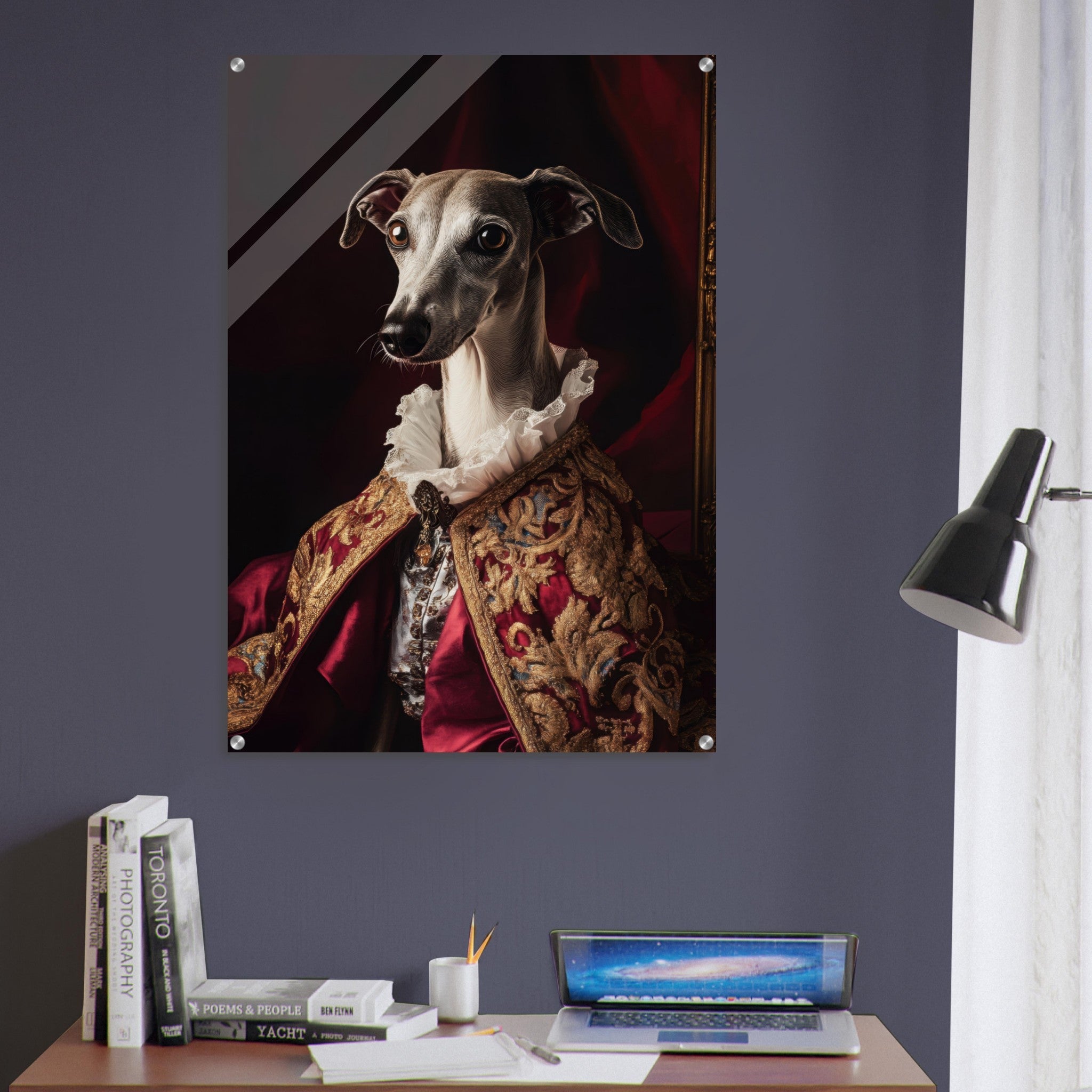 Acrylic Print Portrait - Elegant Baroque Greyhound Portrait A sleek grey 3 - Ai Art Force