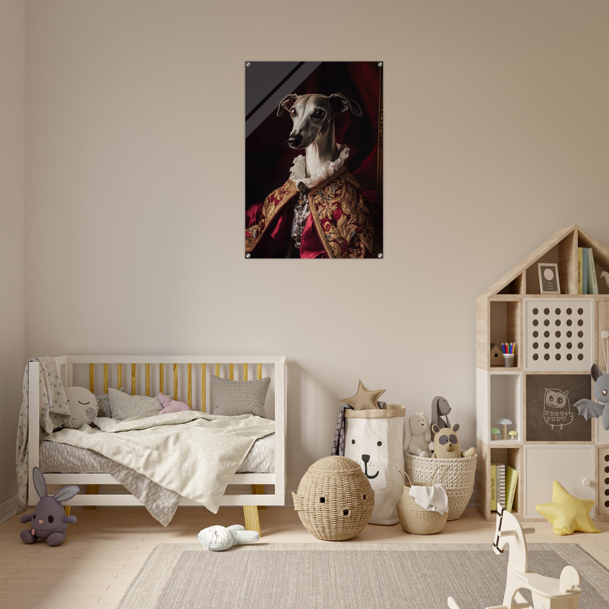 Acrylic Print Portrait - Elegant Baroque Greyhound Portrait A sleek grey 3 - Ai Art Force