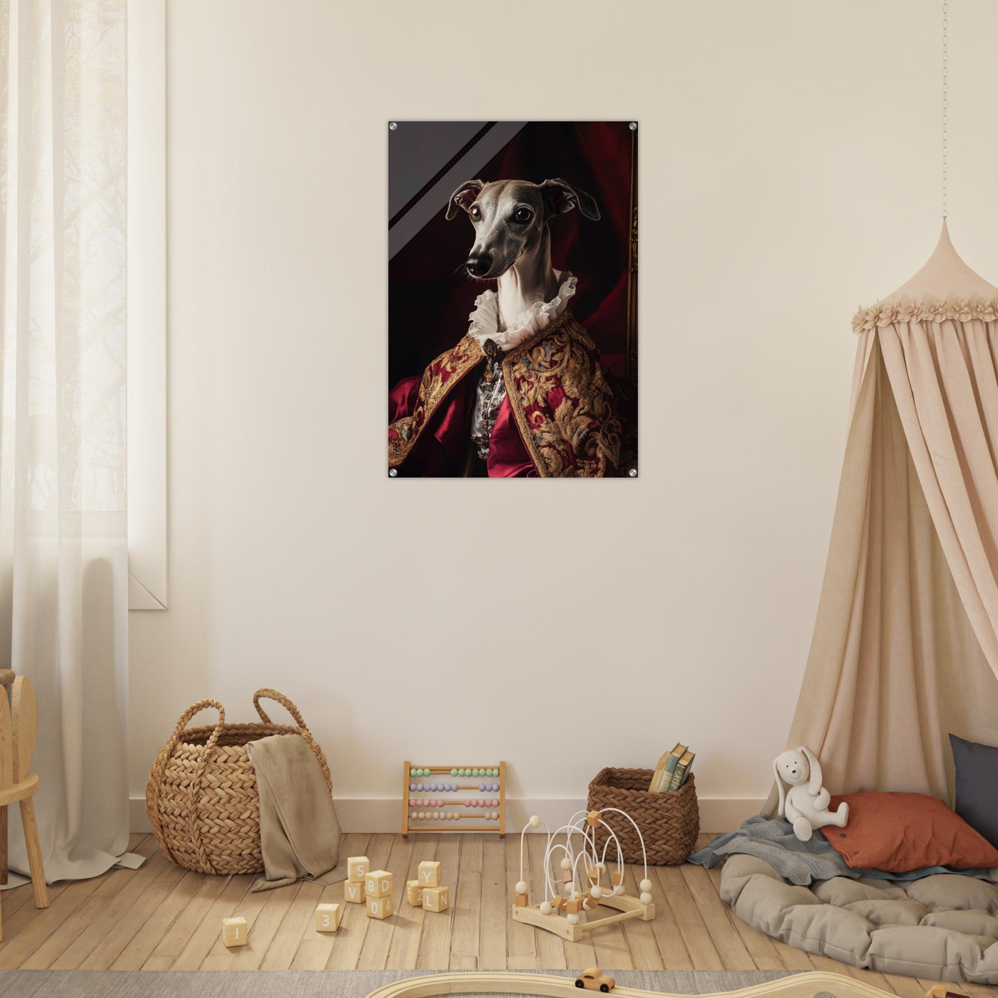 Acrylic Print Portrait - Elegant Baroque Greyhound Portrait A sleek grey 3 - Ai Art Force