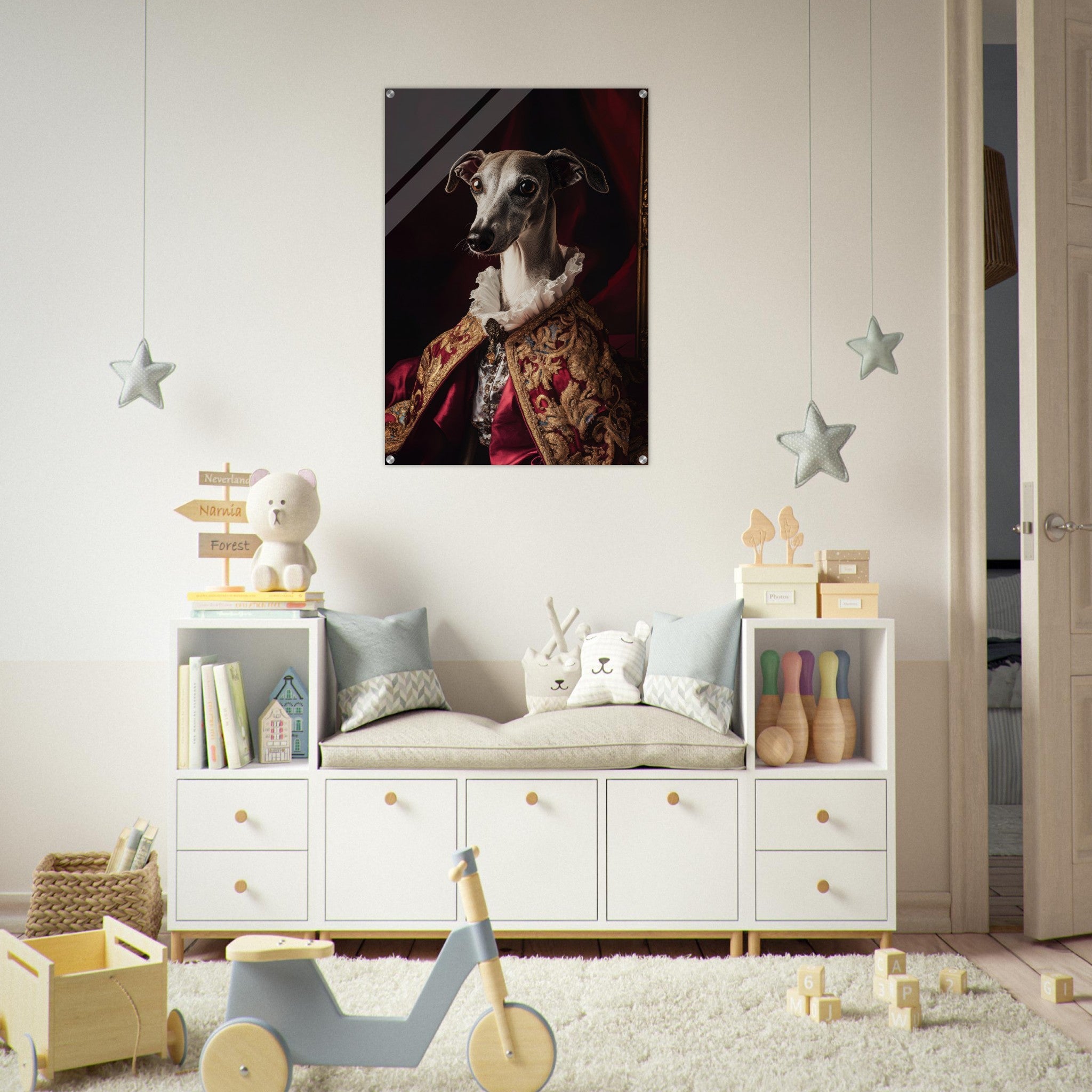 Acrylic Print Portrait - Elegant Baroque Greyhound Portrait A sleek grey 3 - Ai Art Force