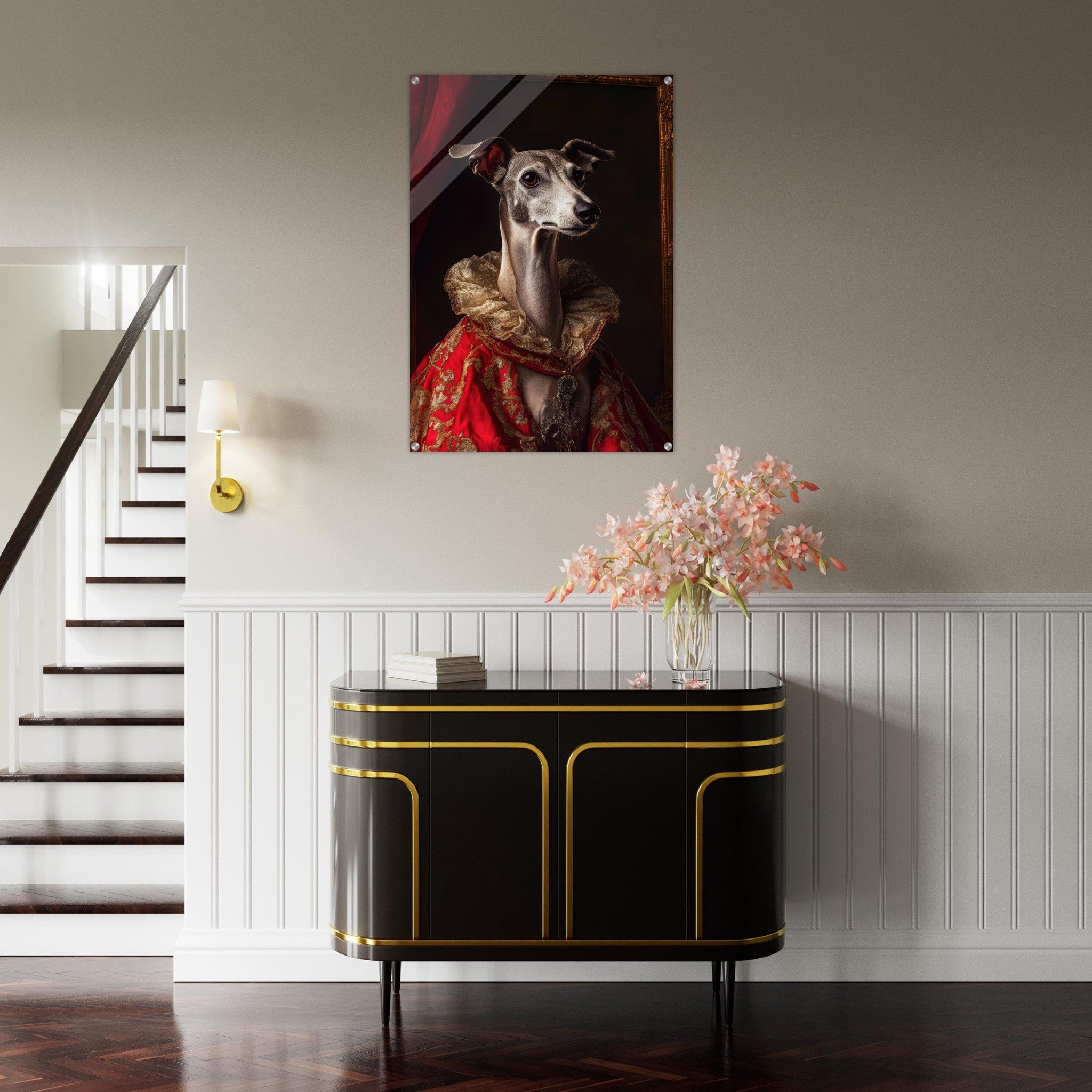 Acrylic Print Portrait - Elegant Baroque Greyhound Portrait A sleek grey 5 - Ai Art Force