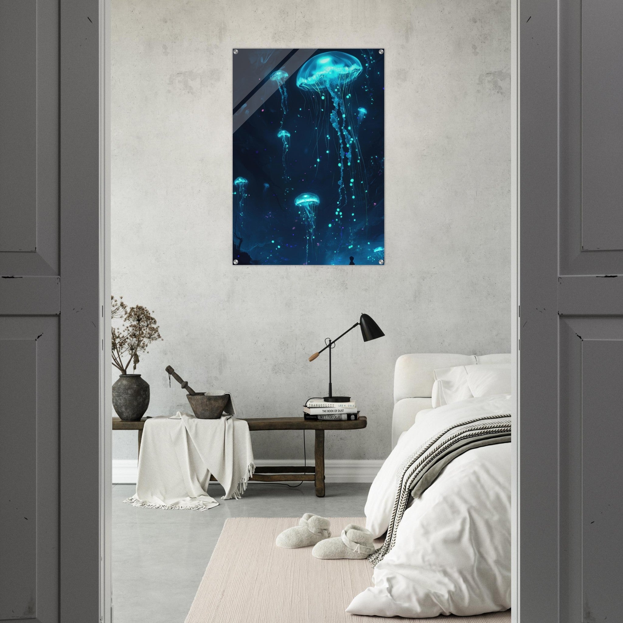 Acrylic Print Portrait - Glowing Bioluminescent Jellyfish in the Deep Tea - Ai Art Force