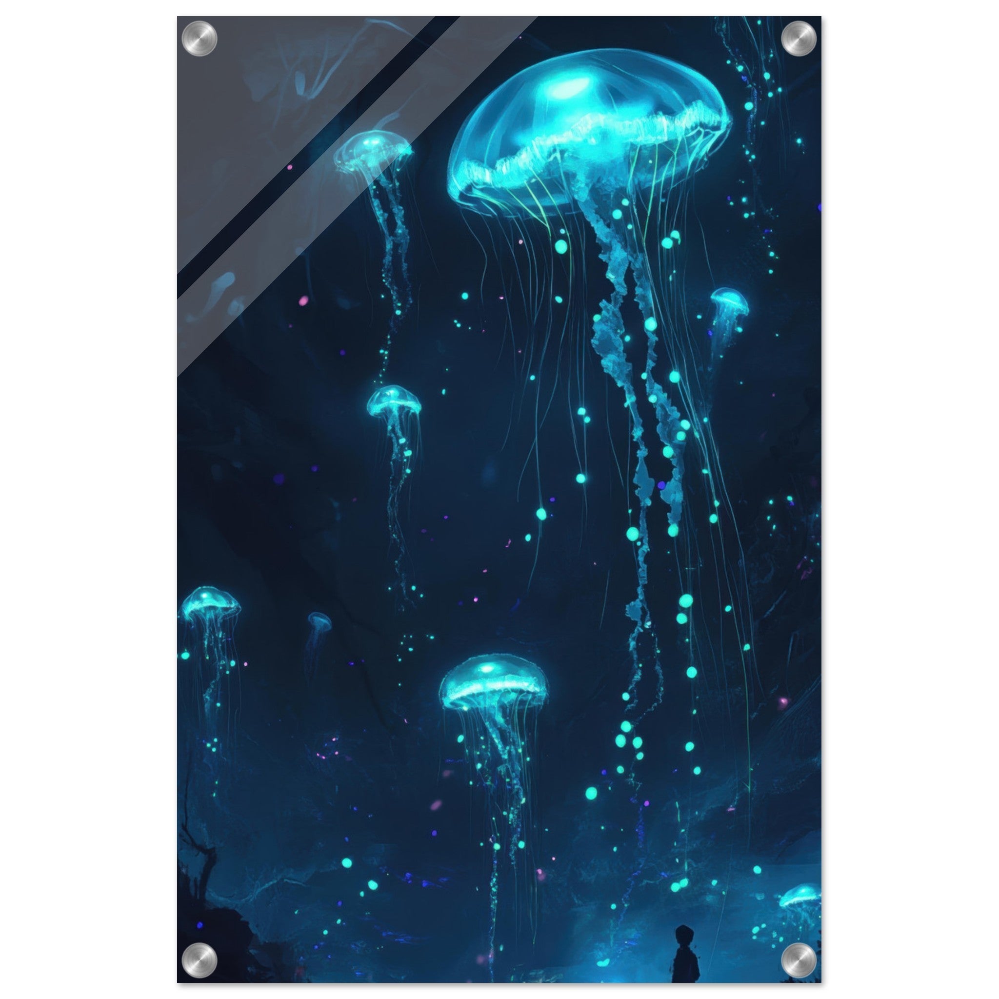 Acrylic Print Portrait - Glowing Bioluminescent Jellyfish in the Deep Tea - Ai Art Force