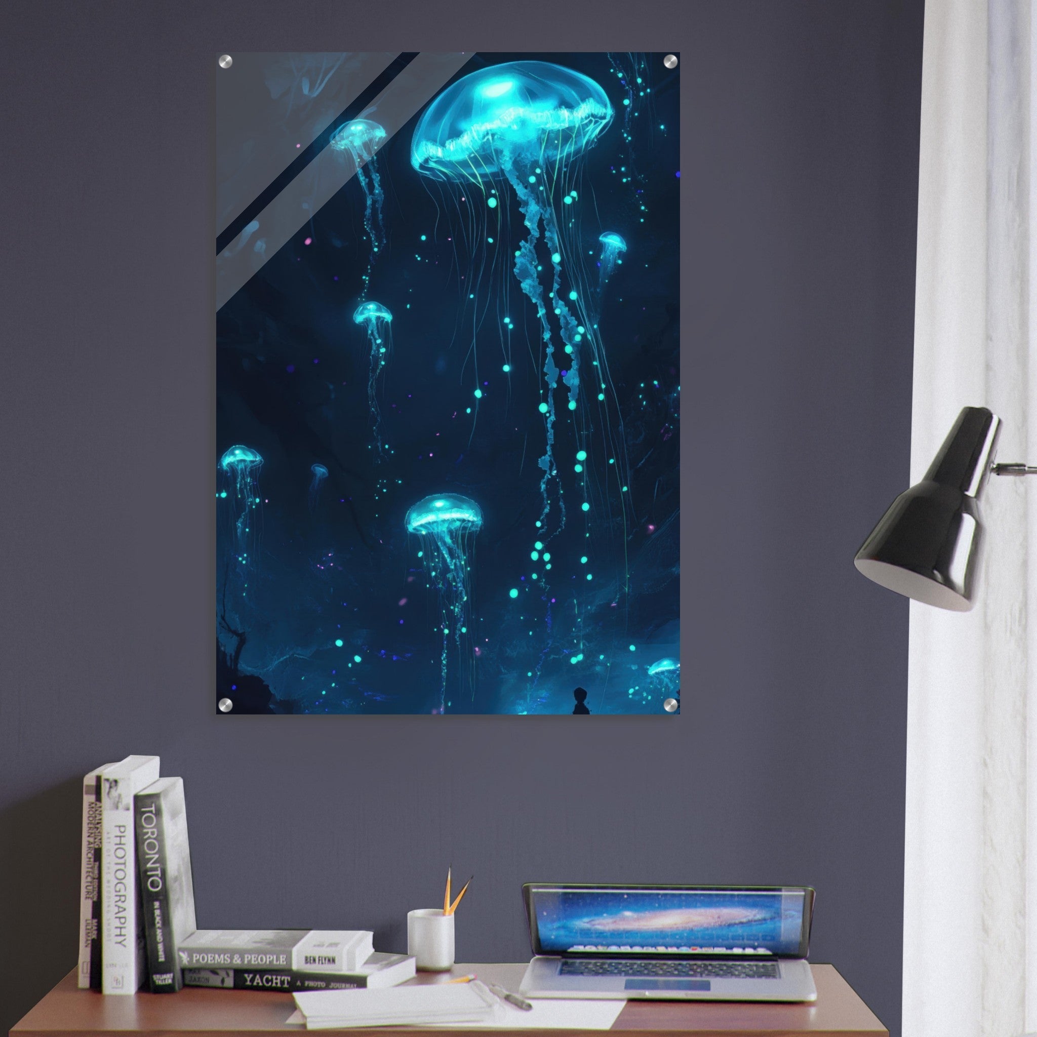 Acrylic Print Portrait - Glowing Bioluminescent Jellyfish in the Deep Tea - Ai Art Force