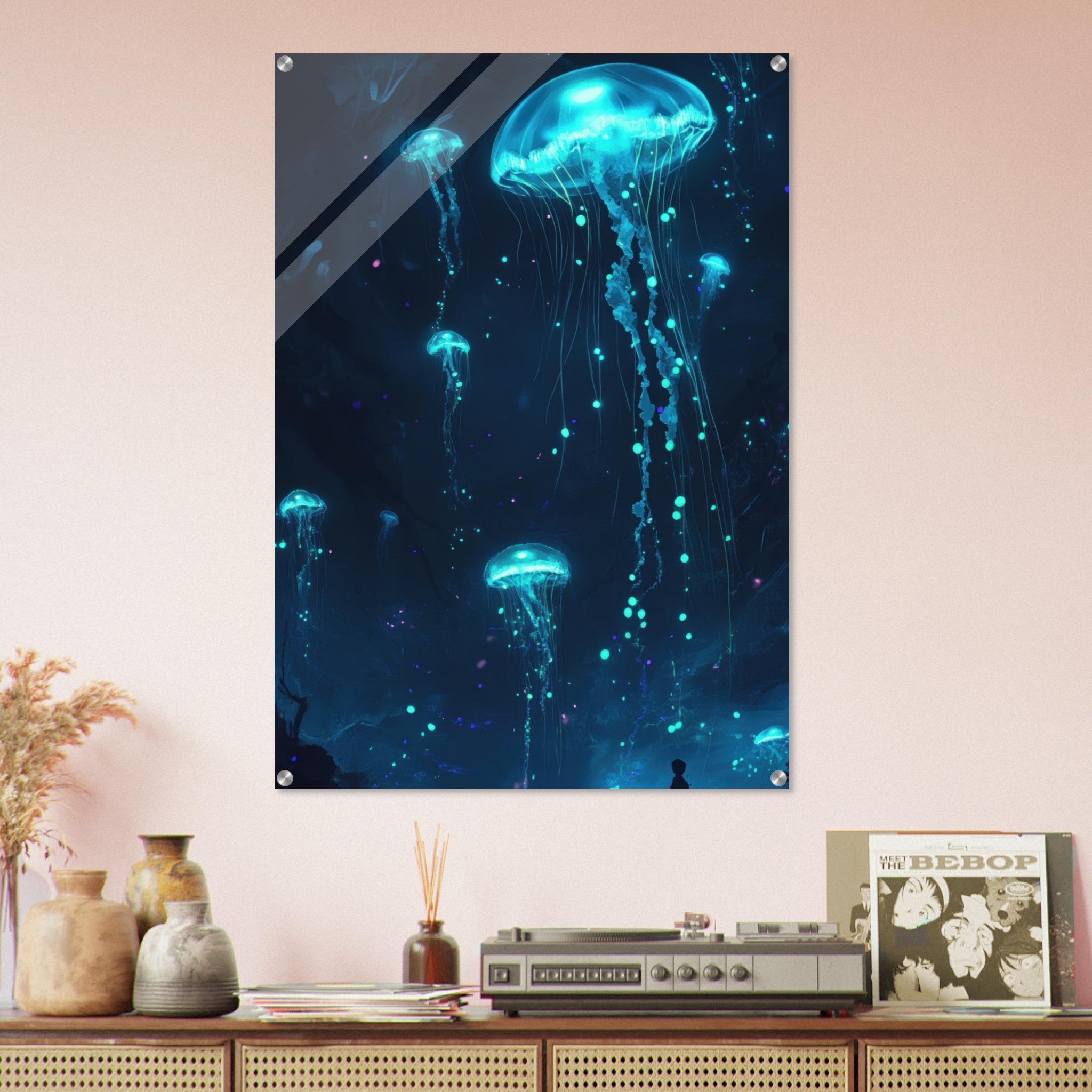 Acrylic Print Portrait - Glowing Bioluminescent Jellyfish in the Deep Tea - Ai Art Force