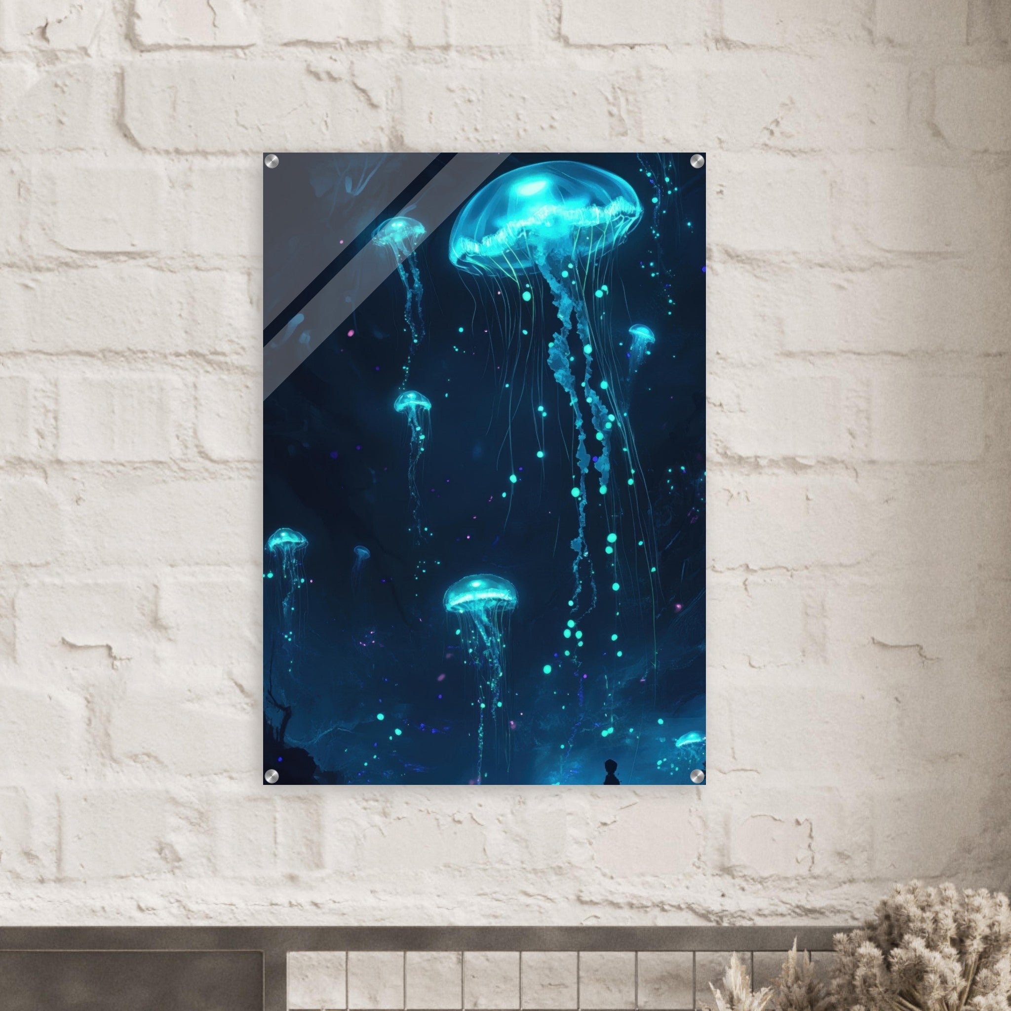 Acrylic Print Portrait - Glowing Bioluminescent Jellyfish in the Deep Tea - Ai Art Force