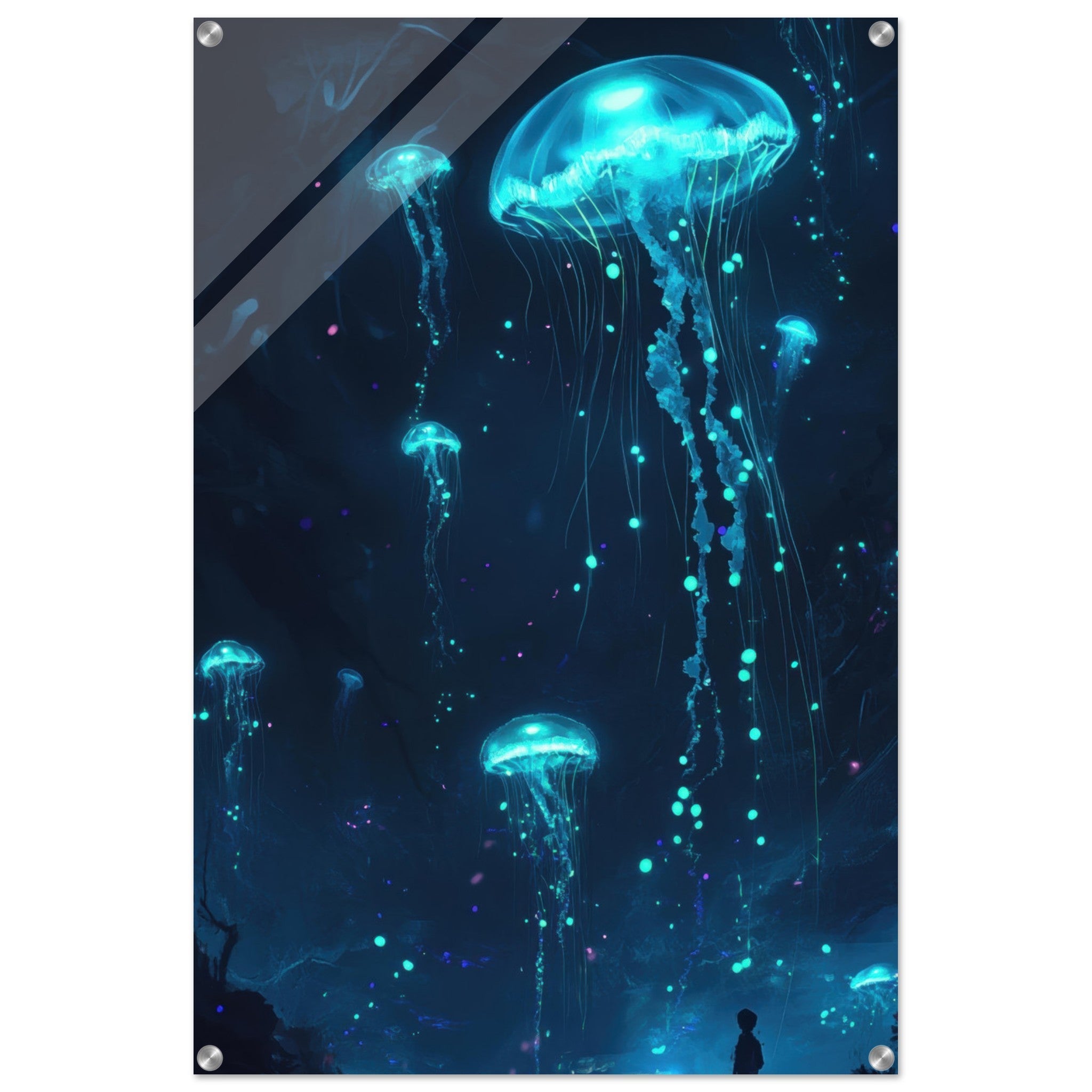 Acrylic Print Portrait - Glowing Bioluminescent Jellyfish in the Deep Tea - Ai Art Force