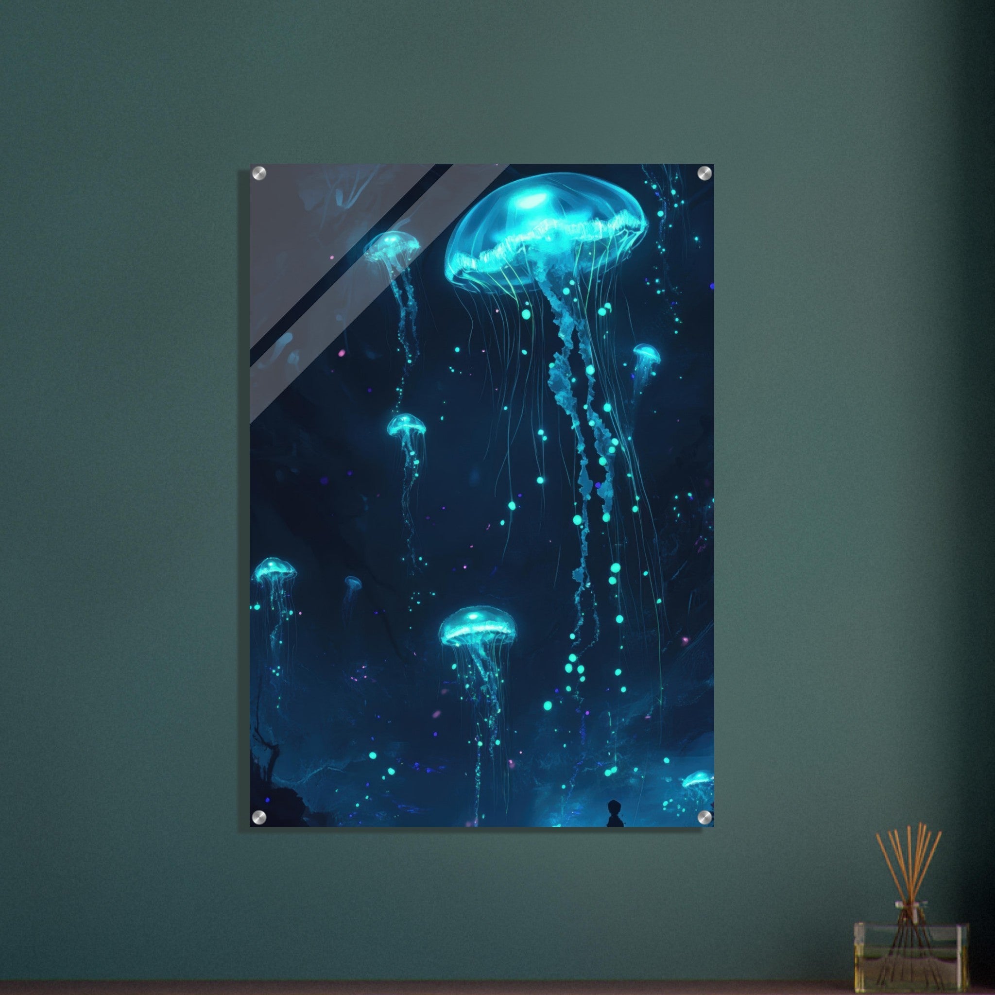 Acrylic Print Portrait - Glowing Bioluminescent Jellyfish in the Deep Tea - Ai Art Force