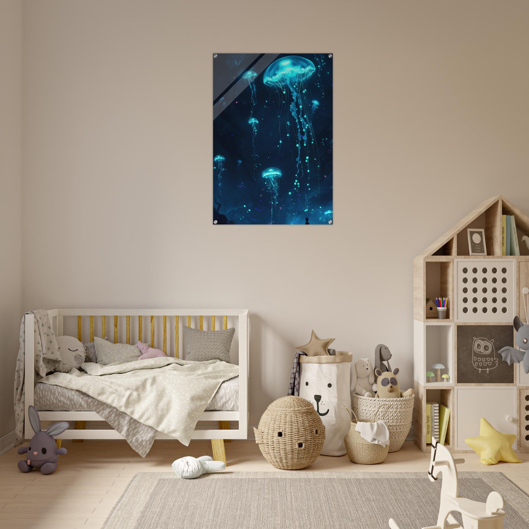 Acrylic Print Portrait - Glowing Bioluminescent Jellyfish in the Deep Tea - Ai Art Force