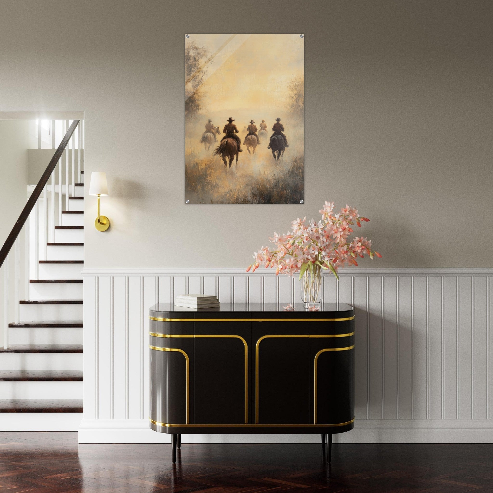 Acrylic Print Portrait - Horse Riders in the Morning Mist A group of else - Ai Art Force