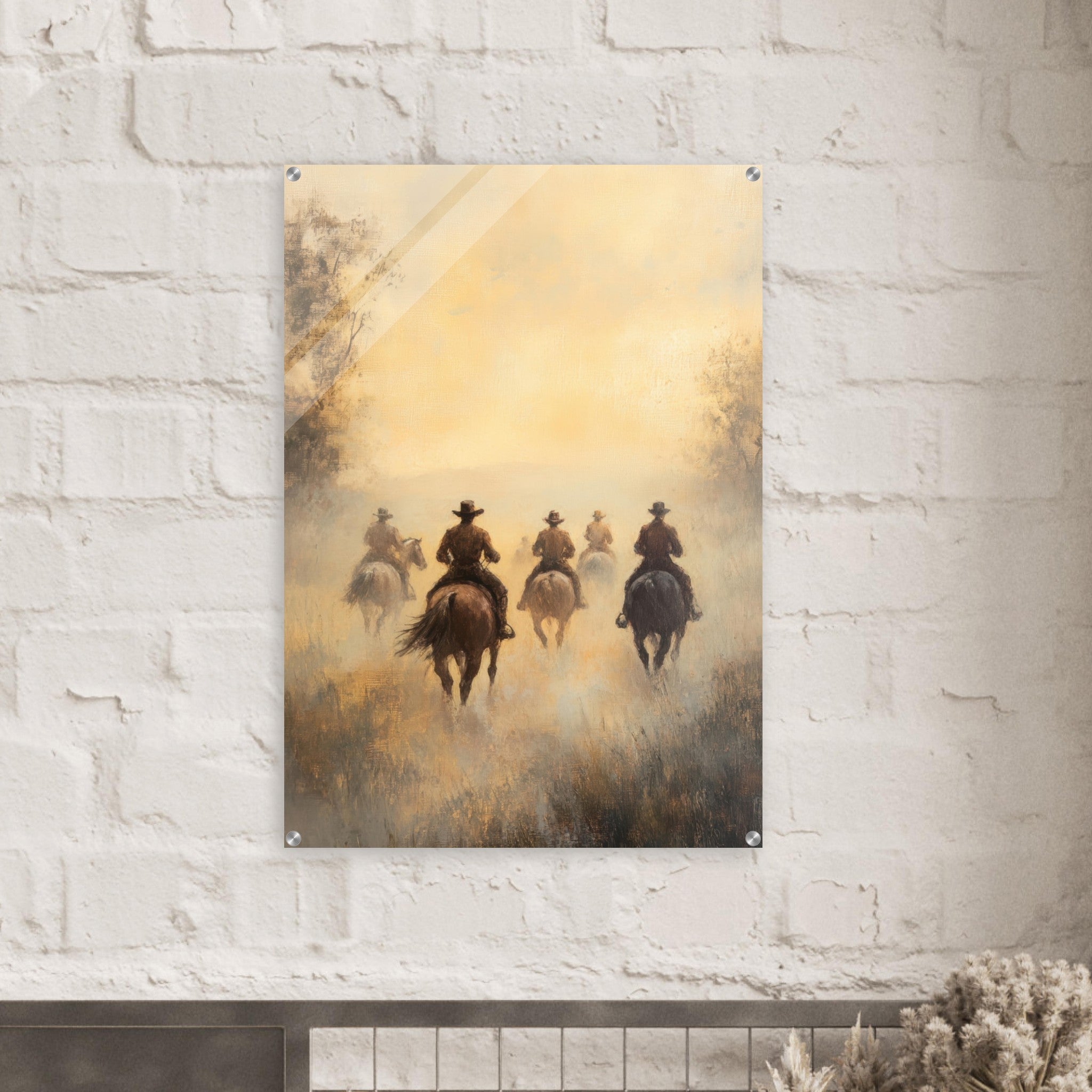 Acrylic Print Portrait - Horse Riders in the Morning Mist A group of else - Ai Art Force