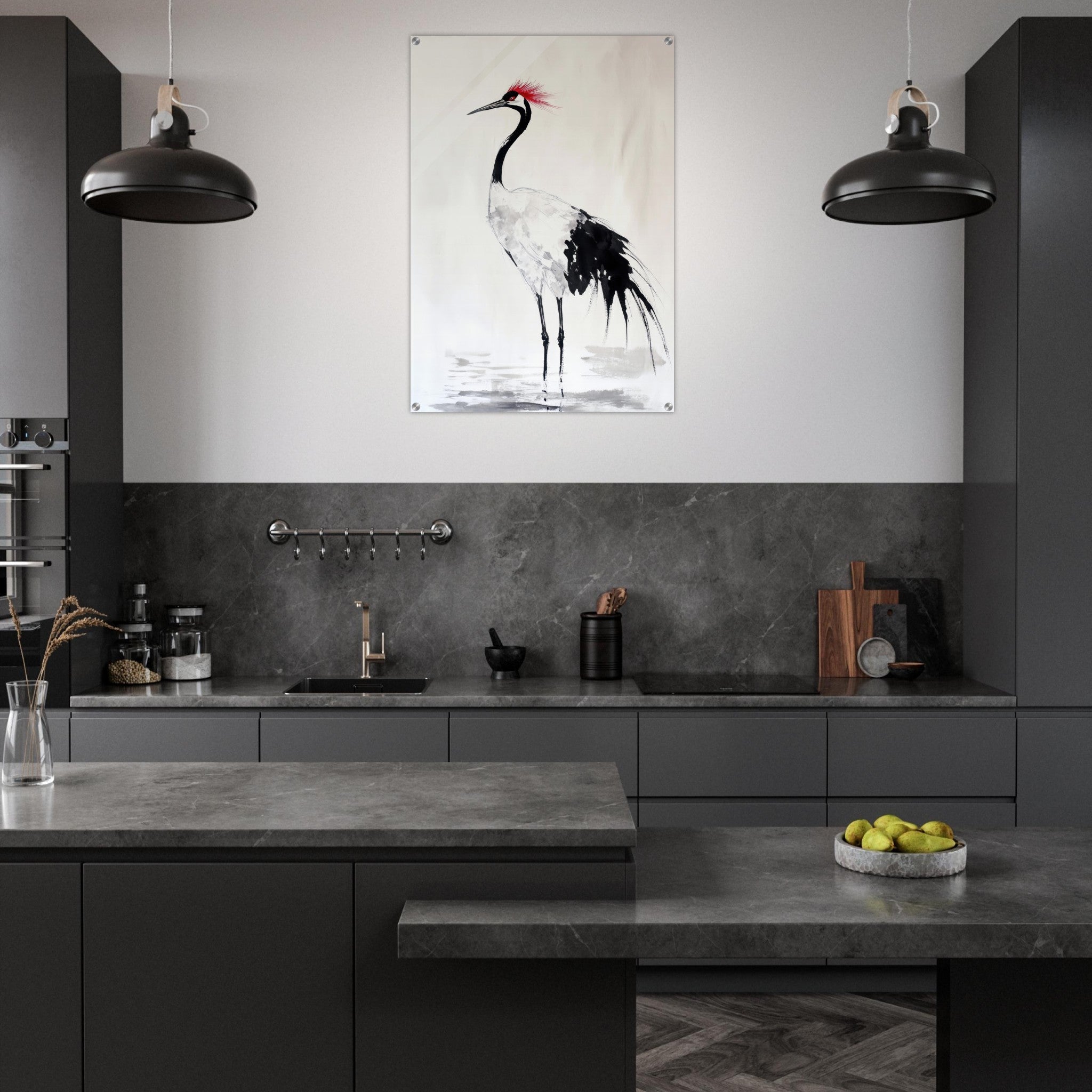Acrylic Print Portrait - Japanese Ink Wash Painting of a Crane A graceful - Shop Ai Art WebShop - Digital Art online Store