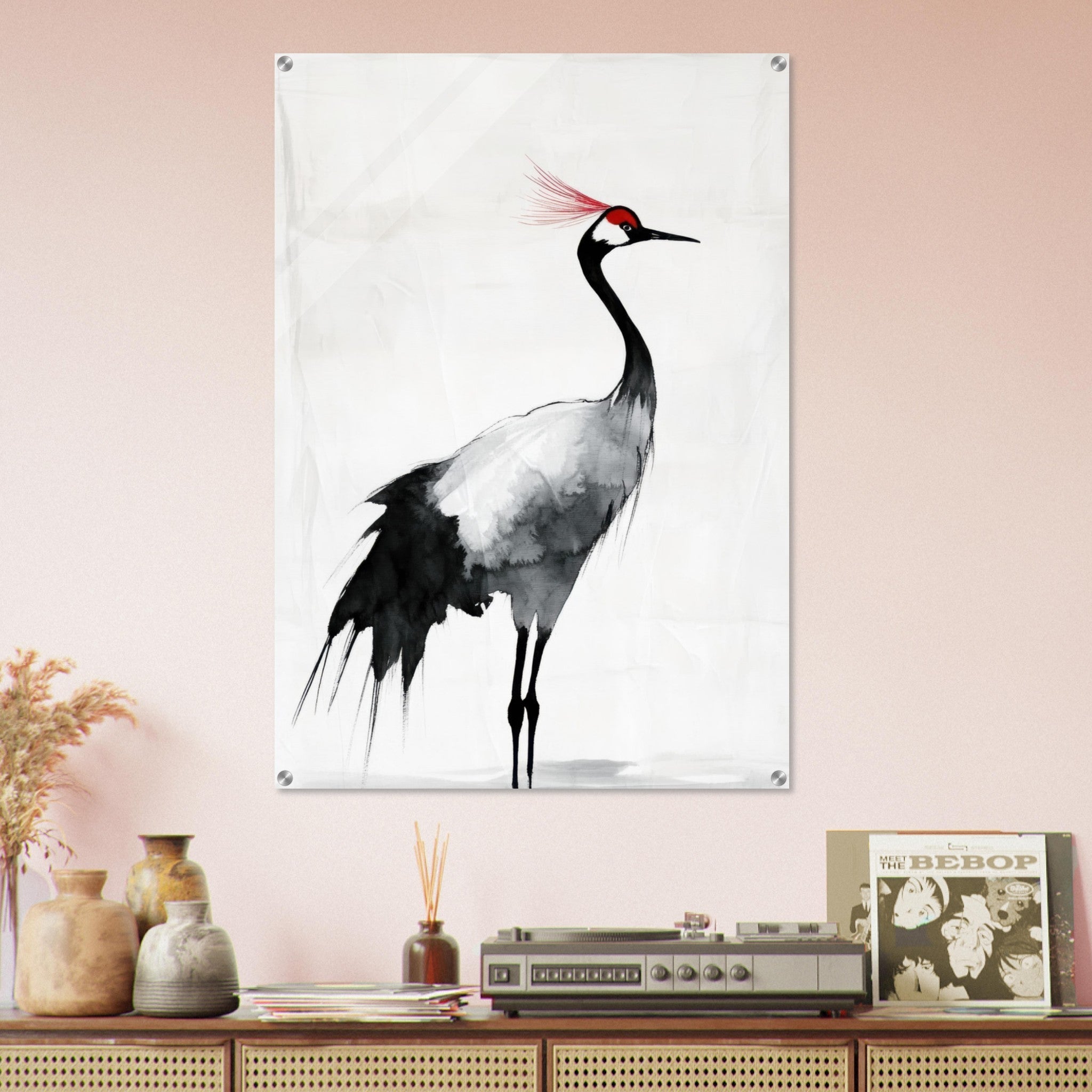 Acrylic Print Portrait - Japanese Ink Wash Painting of a Crane A graceful 2 - Shop Ai Art WebShop - Digital Art online Store