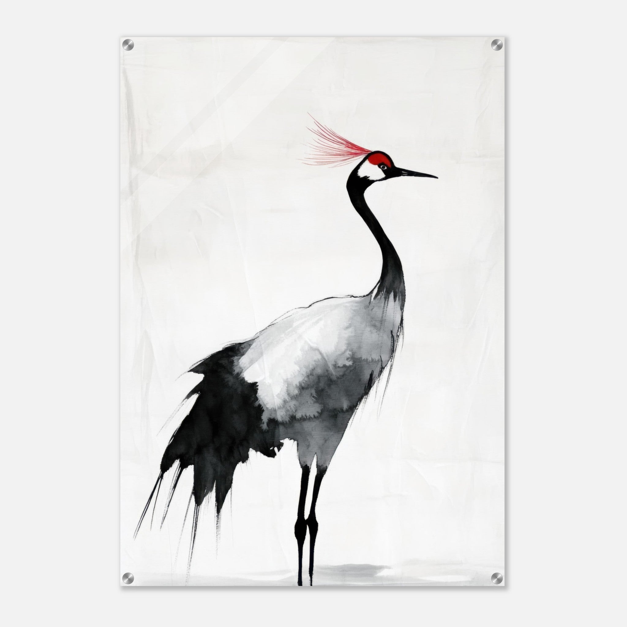 Acrylic Print Portrait - Japanese Ink Wash Painting of a Crane A graceful 2 - Shop Ai Art WebShop - Digital Art online Store