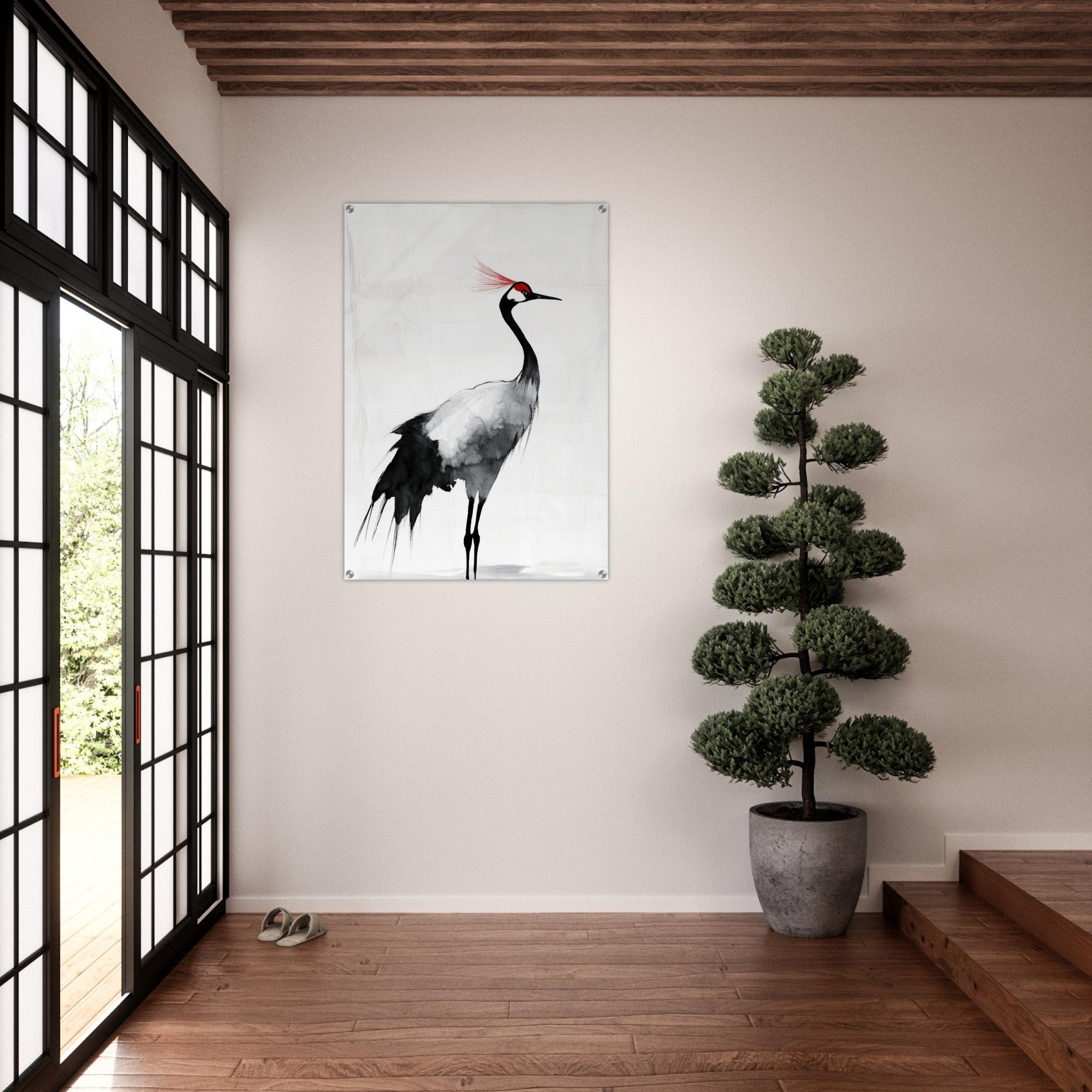 Acrylic Print Portrait - Japanese Ink Wash Painting of a Crane A graceful 2 - Shop Ai Art WebShop - Digital Art online Store
