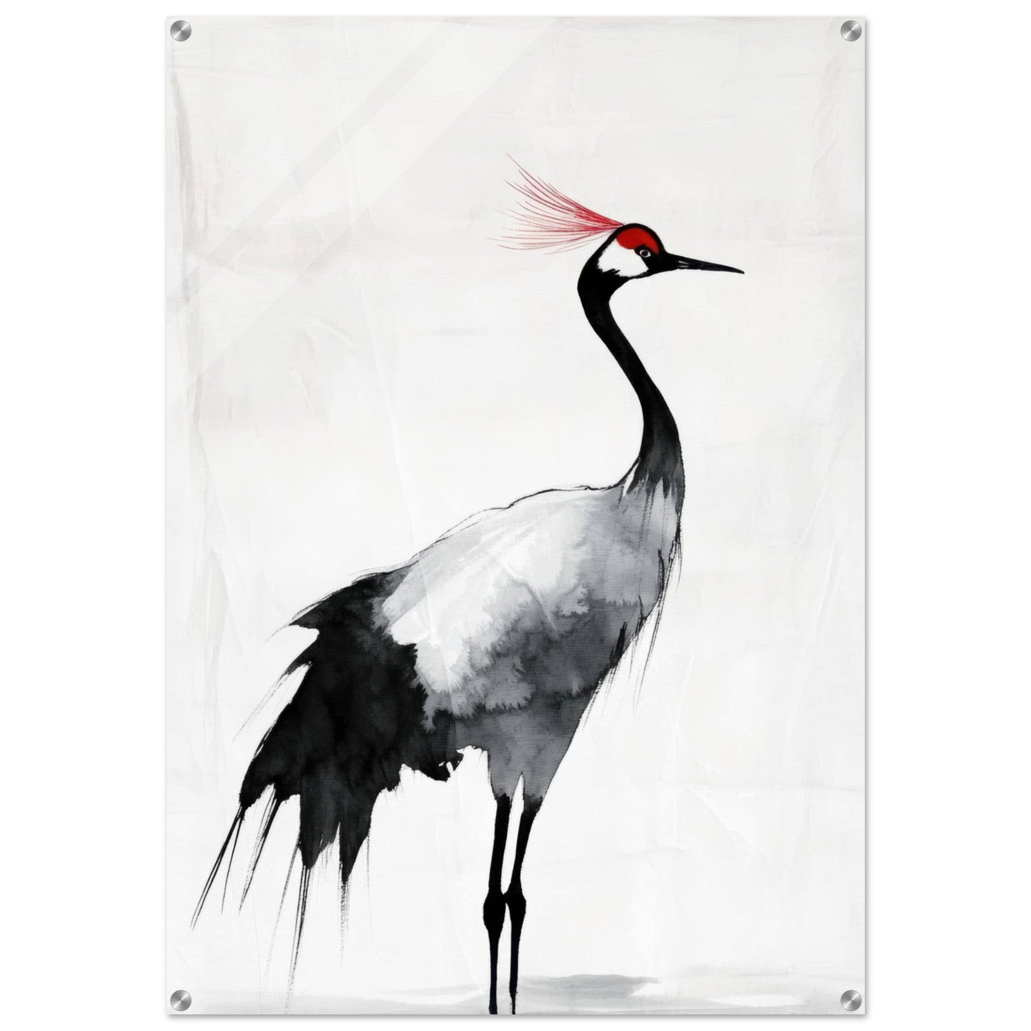Acrylic Print Portrait - Japanese Ink Wash Painting of a Crane A graceful 2 - Shop Ai Art WebShop - Digital Art online Store