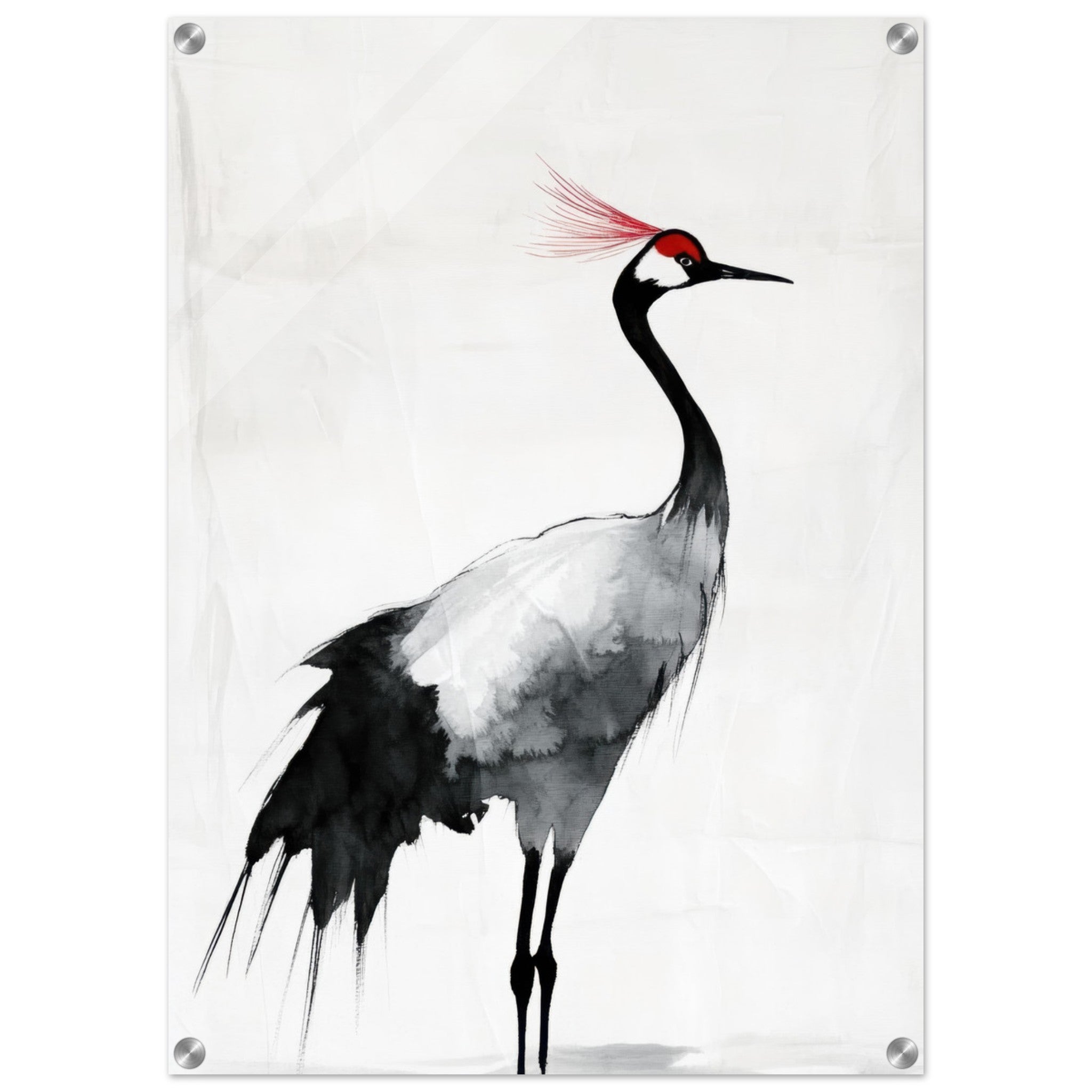 Acrylic Print Portrait - Japanese Ink Wash Painting of a Crane A graceful 2 - Shop Ai Art WebShop - Digital Art online Store
