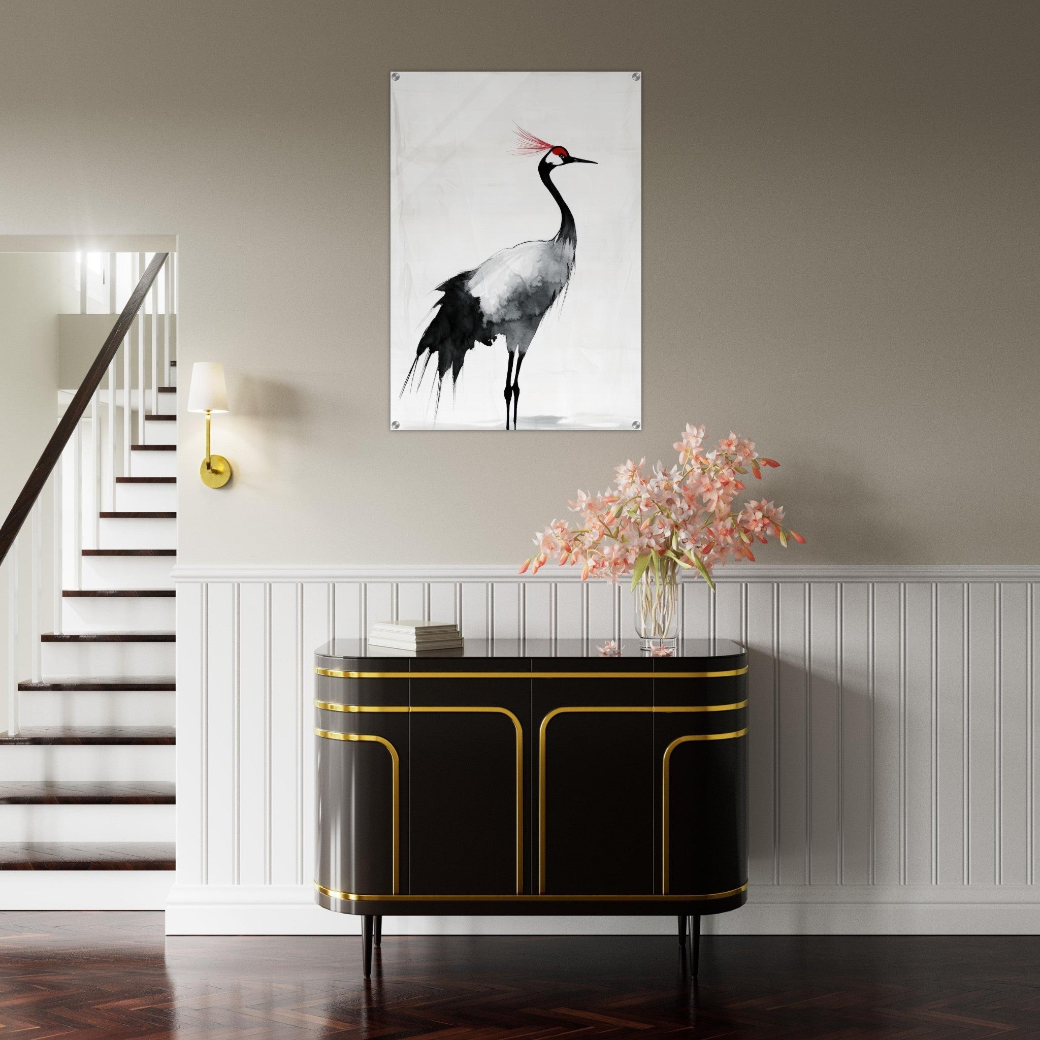 Acrylic Print Portrait - Japanese Ink Wash Painting of a Crane A graceful 2 - Shop Ai Art WebShop - Digital Art online Store