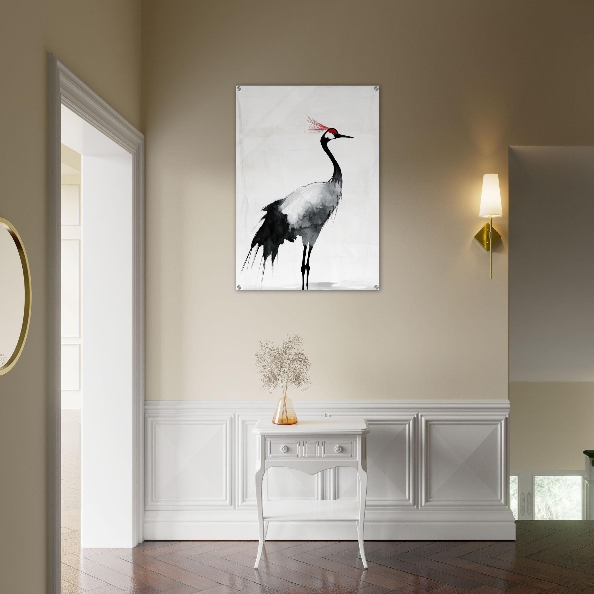Acrylic Print Portrait - Japanese Ink Wash Painting of a Crane A graceful 2 - Shop Ai Art WebShop - Digital Art online Store