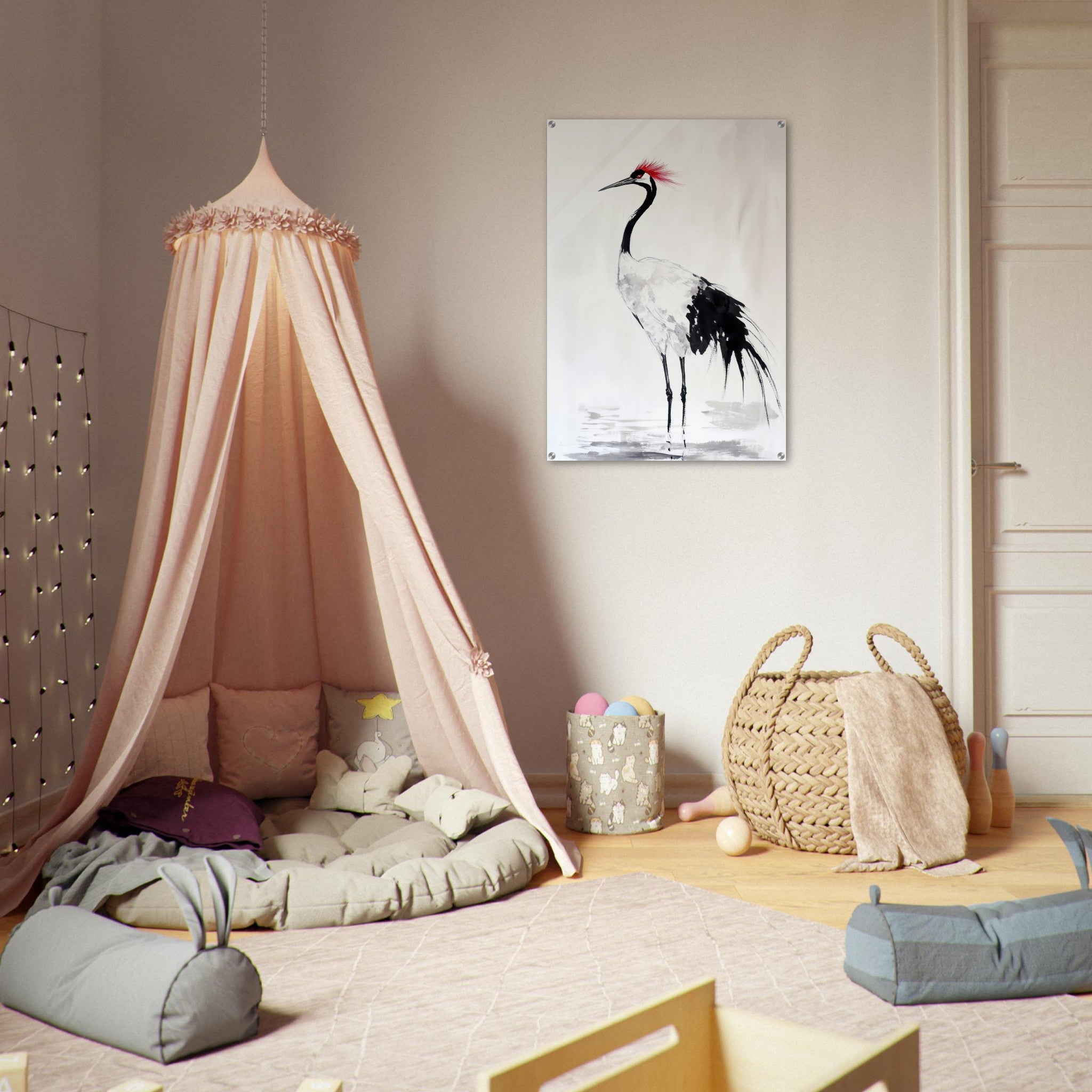 Acrylic Print Portrait - Japanese Ink Wash Painting of a Crane A graceful - Shop Ai Art WebShop - Digital Art online Store