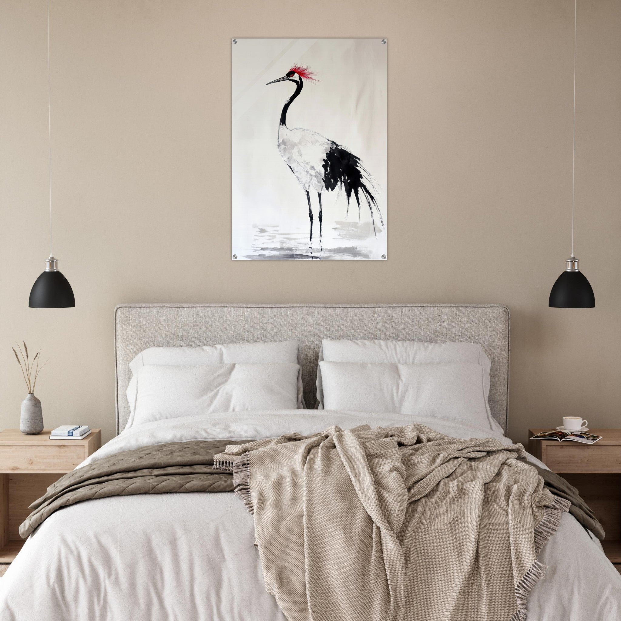 Acrylic Print Portrait - Japanese Ink Wash Painting of a Crane A graceful - Shop Ai Art WebShop - Digital Art online Store