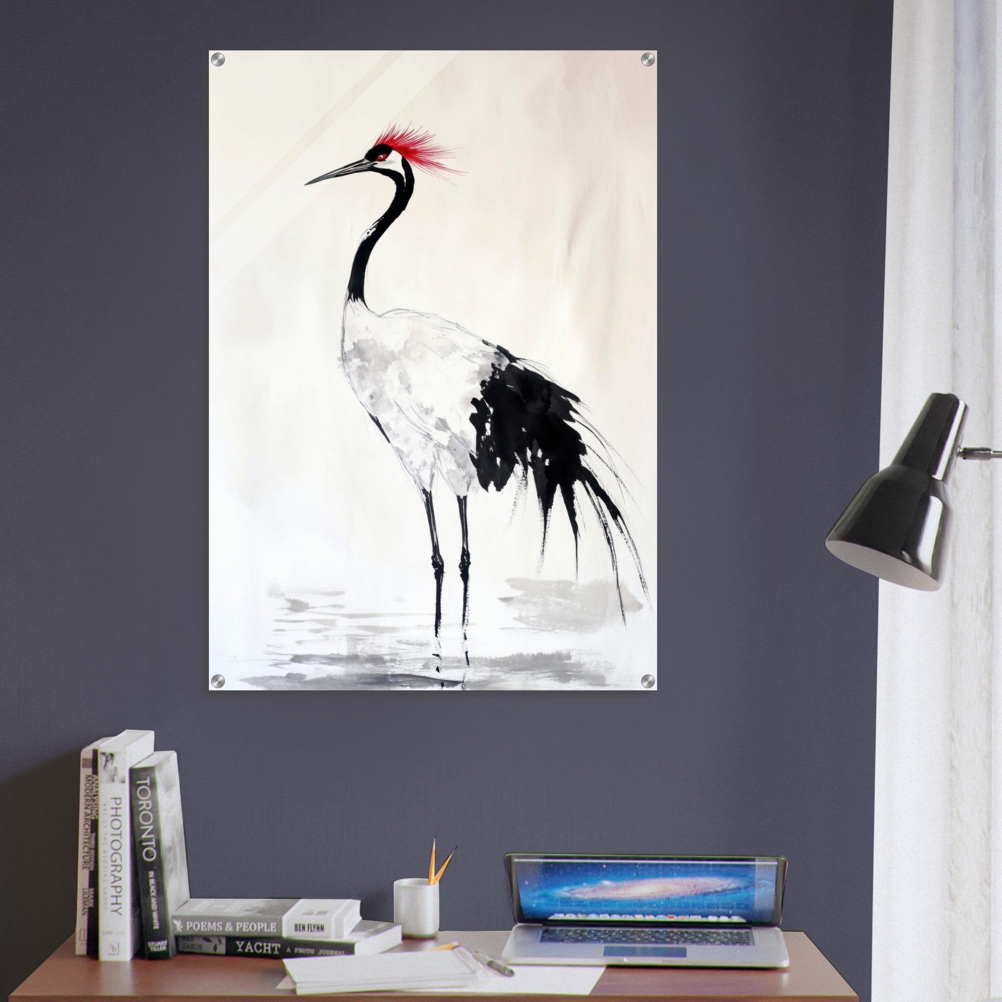Acrylic Print Portrait - Japanese Ink Wash Painting of a Crane A graceful - Shop Ai Art WebShop - Digital Art online Store