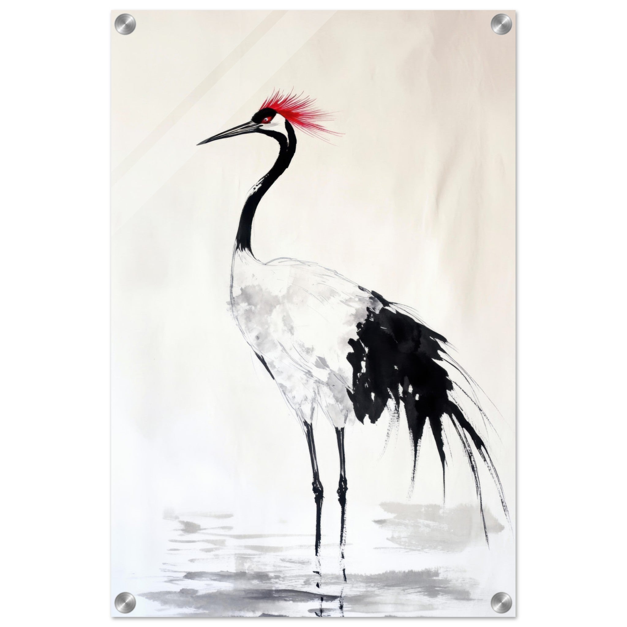 Acrylic Print Portrait - Japanese Ink Wash Painting of a Crane A graceful - Shop Ai Art WebShop - Digital Art online Store