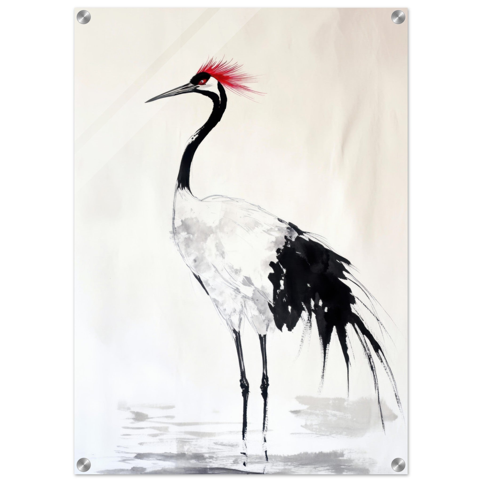 Acrylic Print Portrait - Japanese Ink Wash Painting of a Crane A graceful - Shop Ai Art WebShop - Digital Art online Store