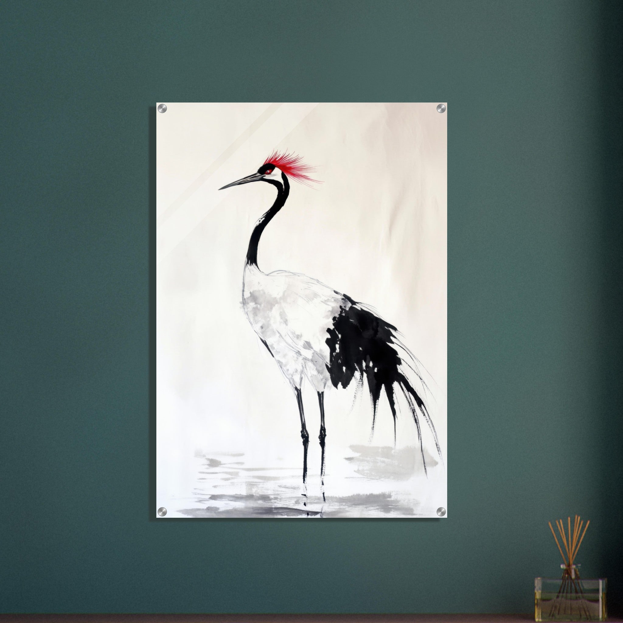 Acrylic Print Portrait - Japanese Ink Wash Painting of a Crane A graceful - Shop Ai Art WebShop - Digital Art online Store