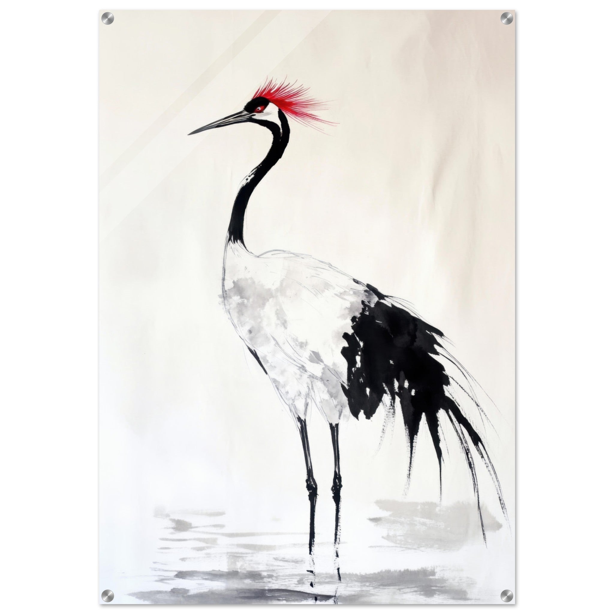 Acrylic Print Portrait - Japanese Ink Wash Painting of a Crane A graceful - Shop Ai Art WebShop - Digital Art online Store