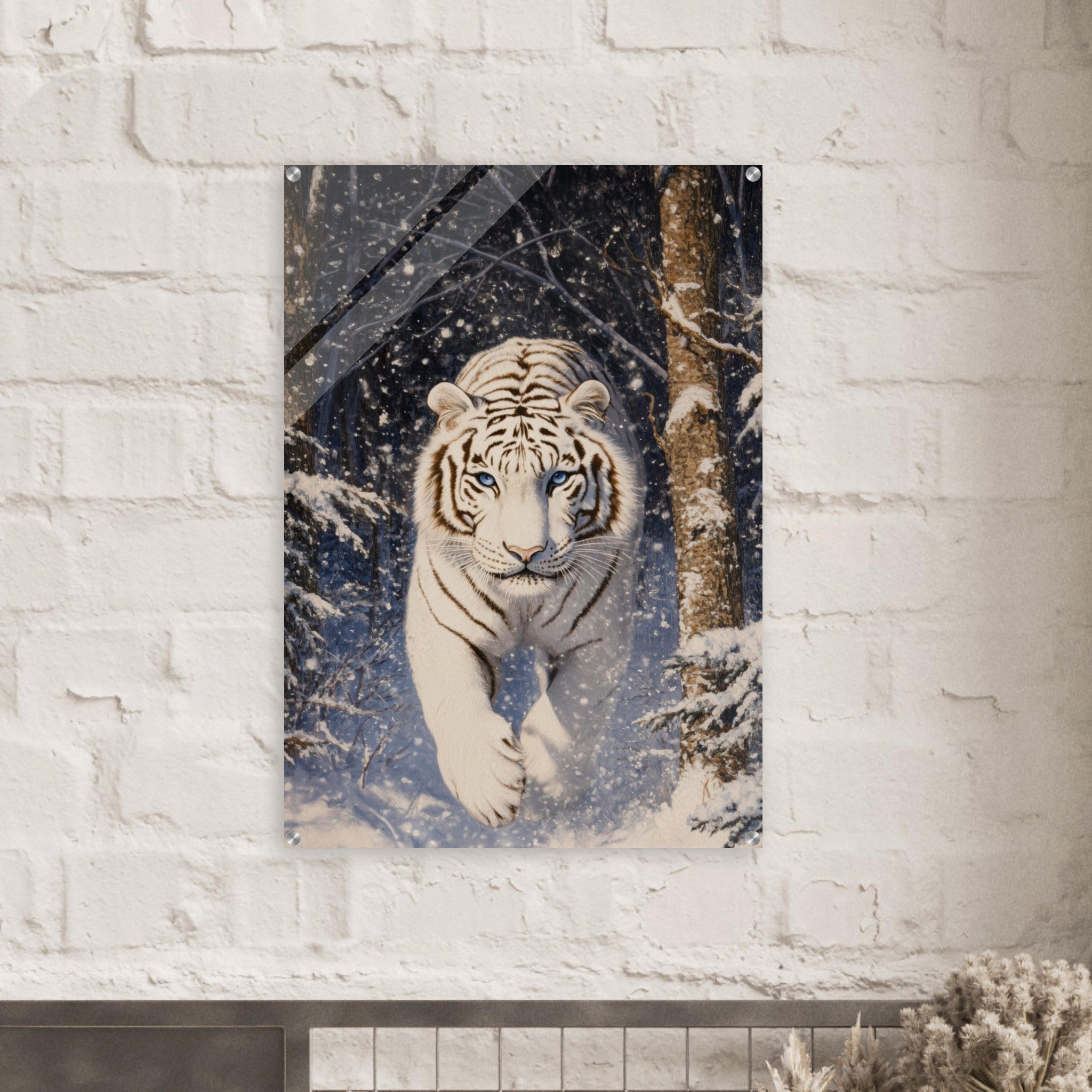 Acrylic Print Portrait - Majestic White Tiger in a Snowy Forest A powerful - Shop Ai Art WebShop - Digital Art online Store