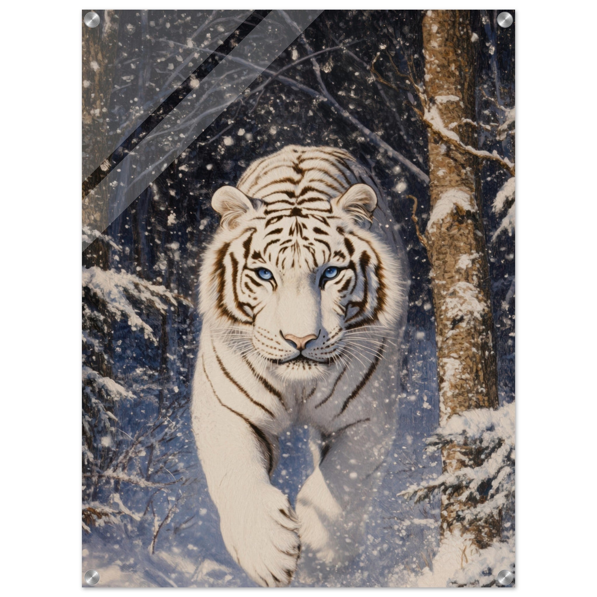 Acrylic Print Portrait - Majestic White Tiger in a Snowy Forest A powerful - Shop Ai Art WebShop - Digital Art online Store