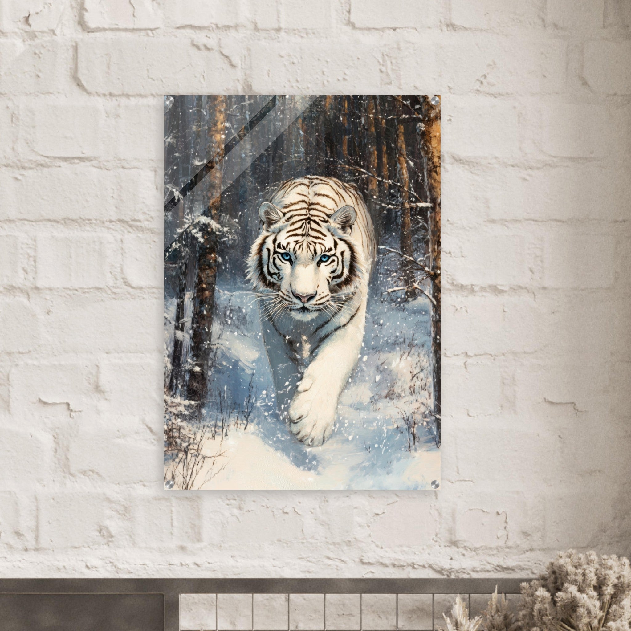 Acrylic Print Portrait - Majestic White Tiger in a Snowy Forest A powerful 2 - Shop Ai Art WebShop - Digital Art online Store