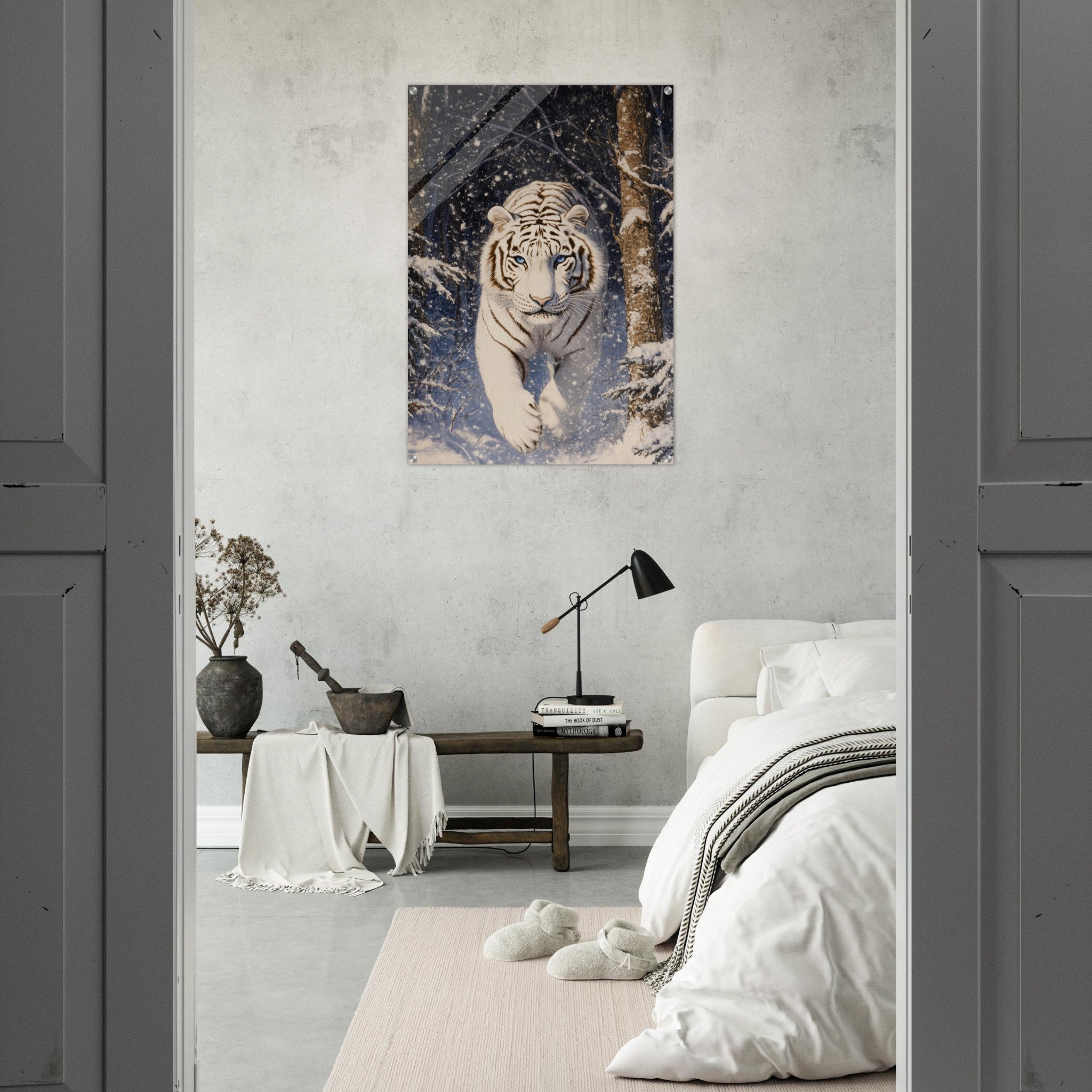 Acrylic Print Portrait - Majestic White Tiger in a Snowy Forest A powerful - Shop Ai Art WebShop - Digital Art online Store